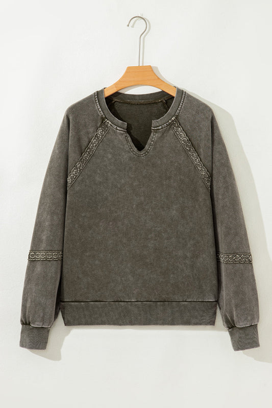 Lace Patchwork Mineral Wash Notched Neck Sweatshirt
