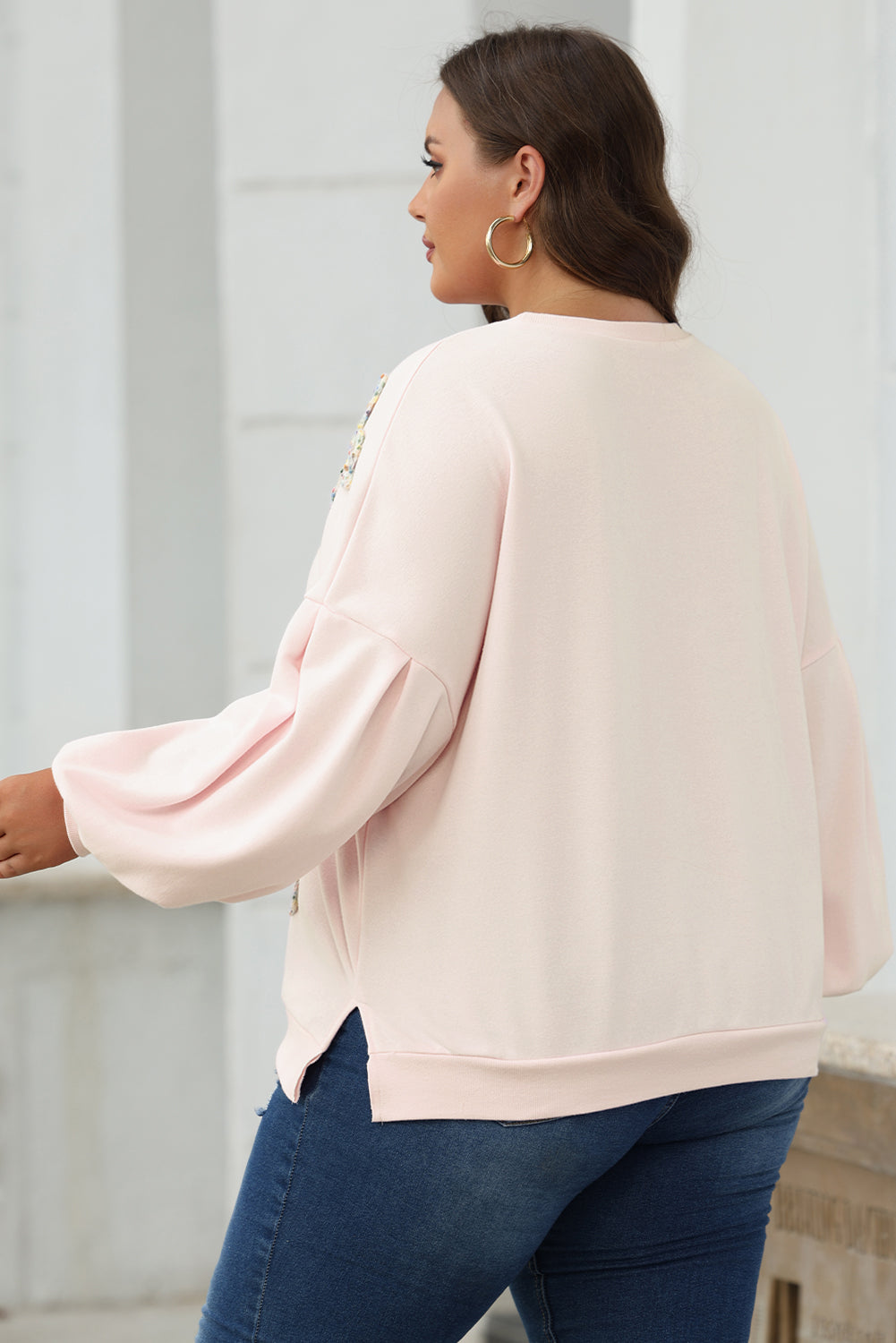 Bow Embroidered Lantern Sleeve Sweatshirt