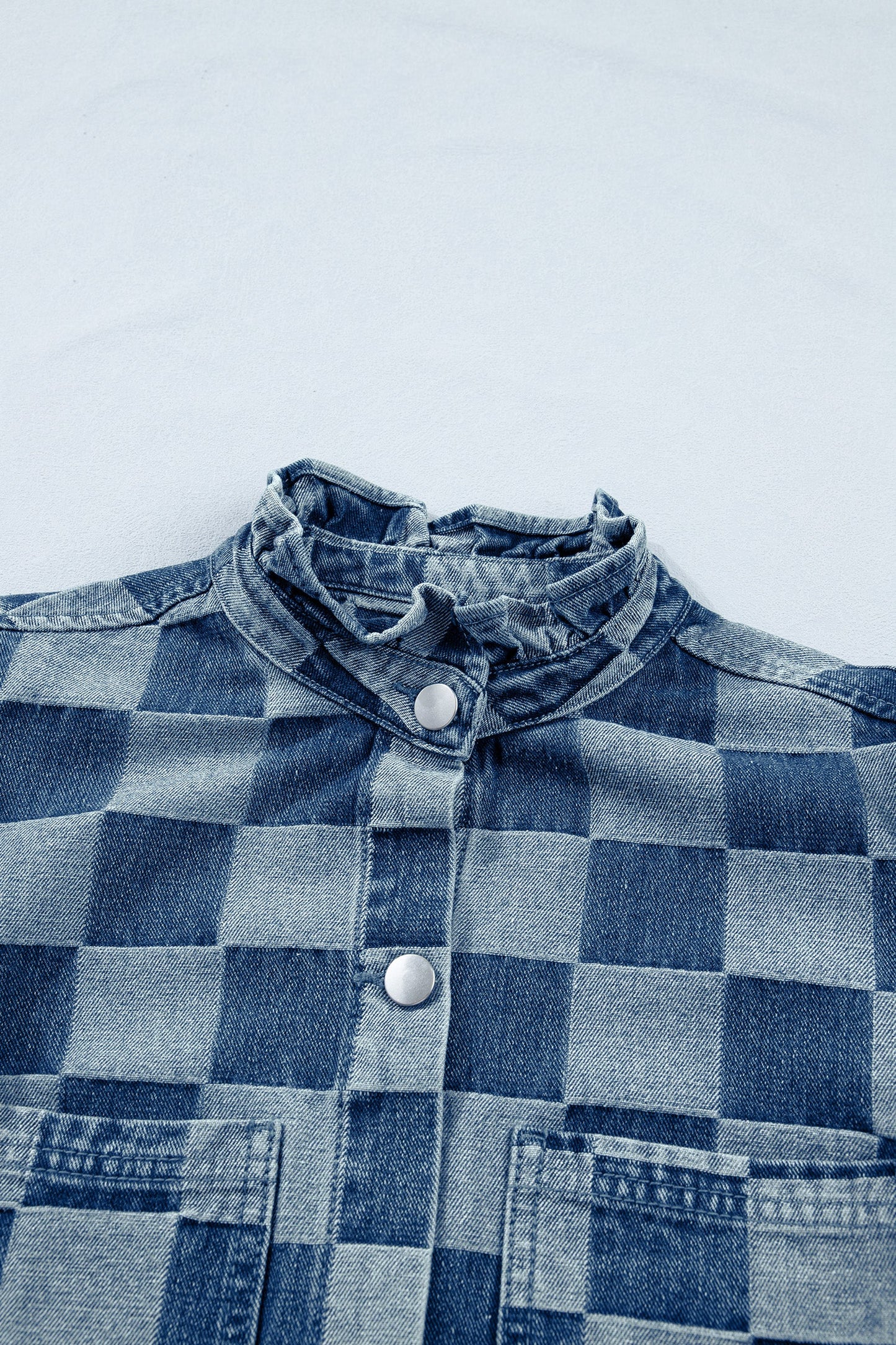Checker Ruffle Trim Button Down Denim Vest