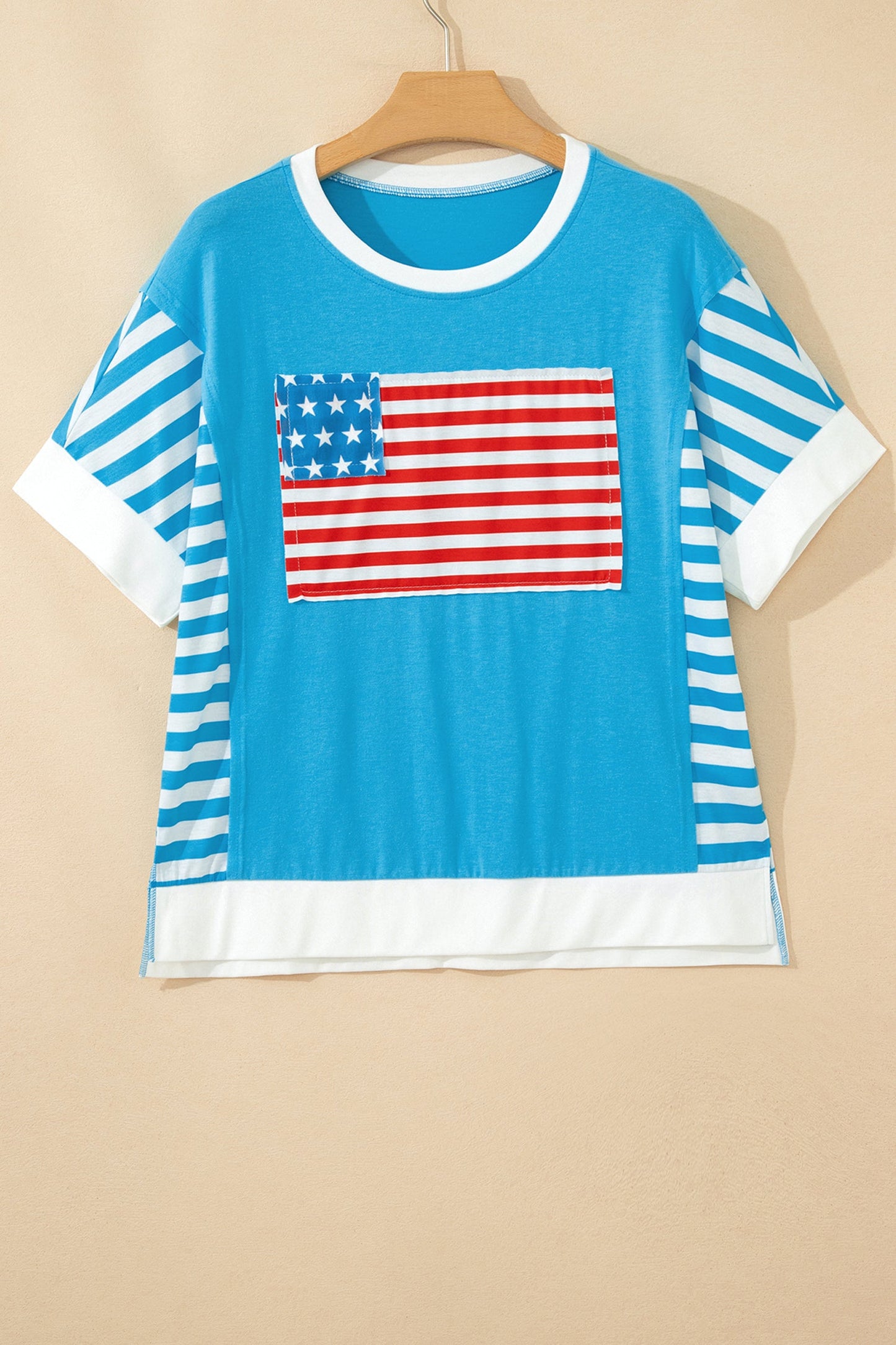 July 4th Flag Stripe Patchwork Colorblock T-Shirt
