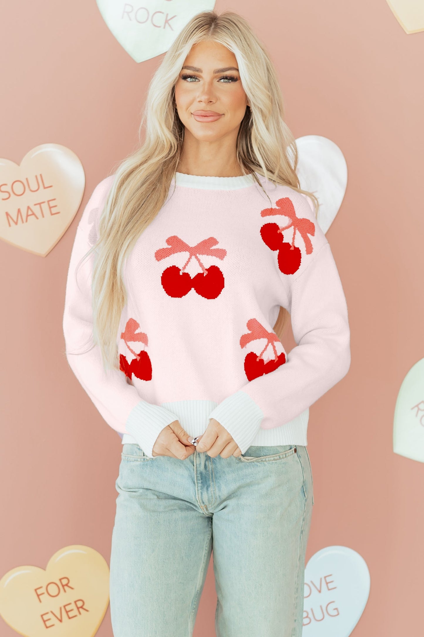 Valentine Bow Tie Cherry Drop Shoulder Sweater