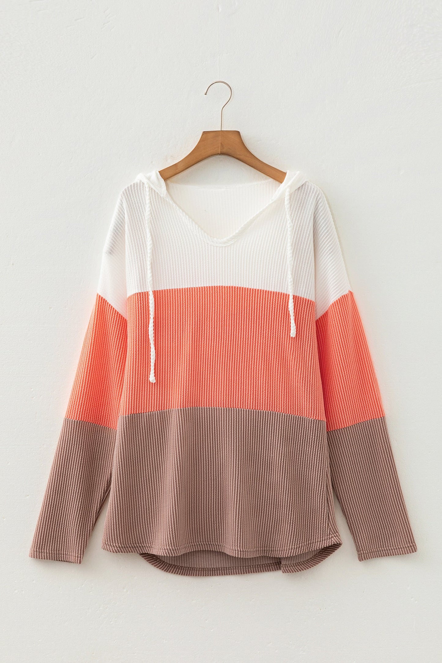 Colorblock Ribbed Hooded Pullover Long Sleeve Top