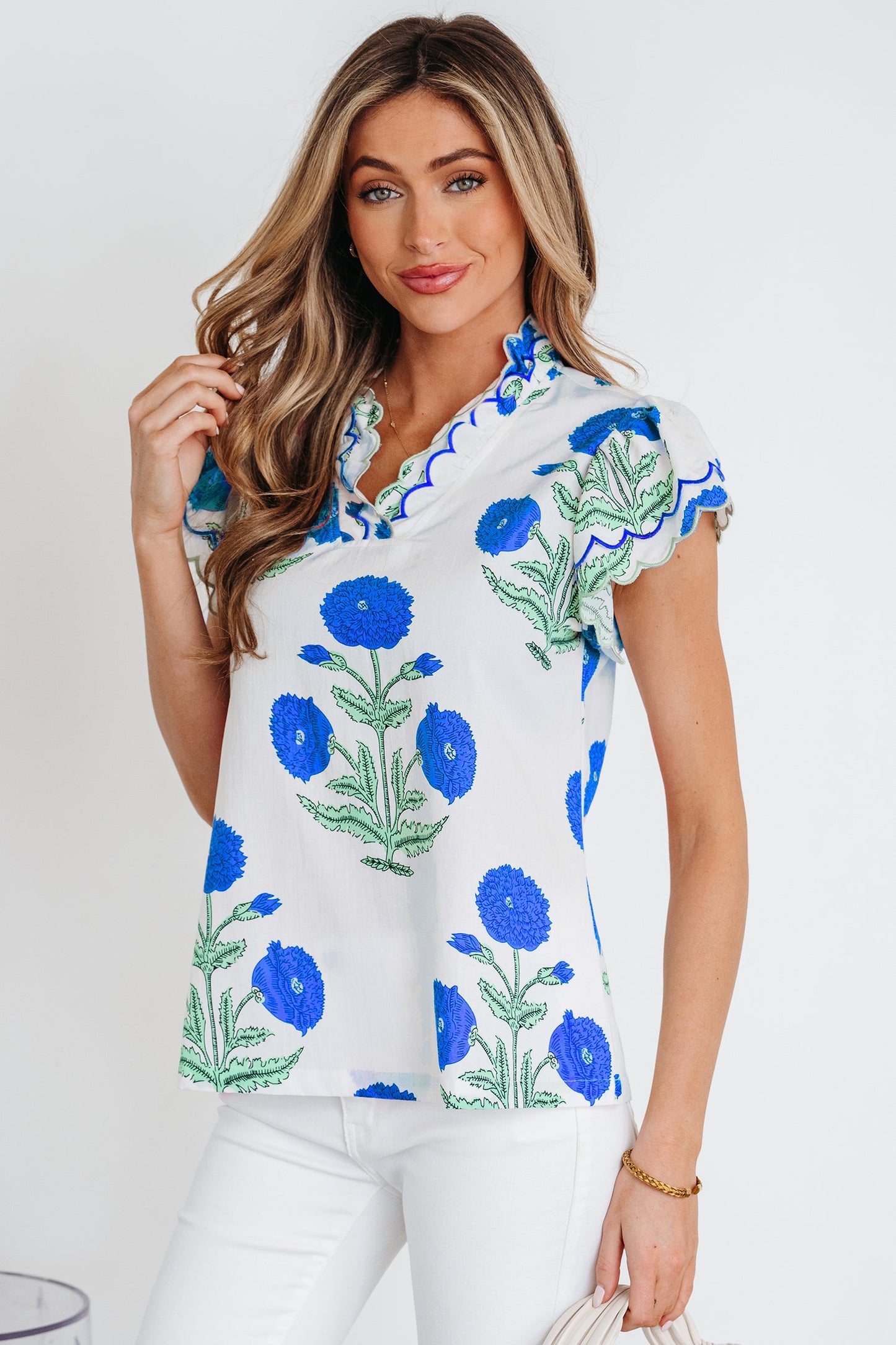 Flower Scallop Contrast Trim Short Sleeve Blouse
