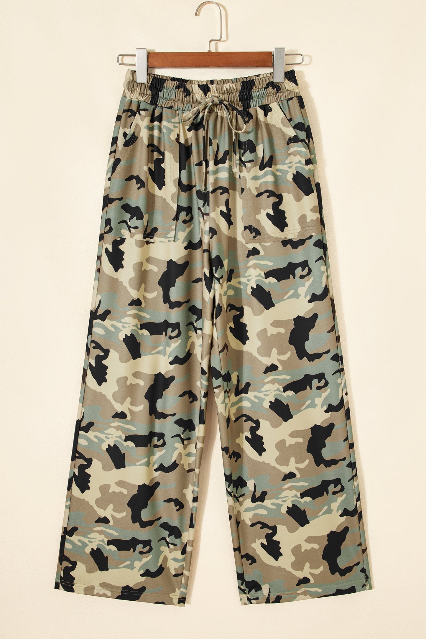 Camo Drawstring Elastic Waist Wide Leg Pants