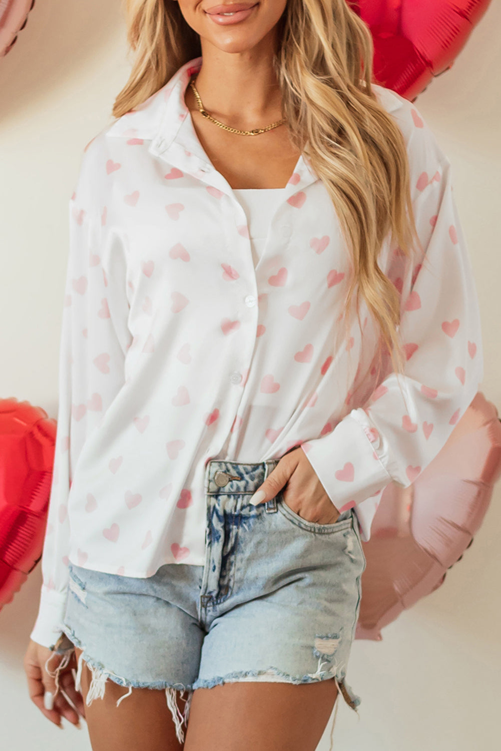 Love Heart Button-Up Drop Shoulder Shirt