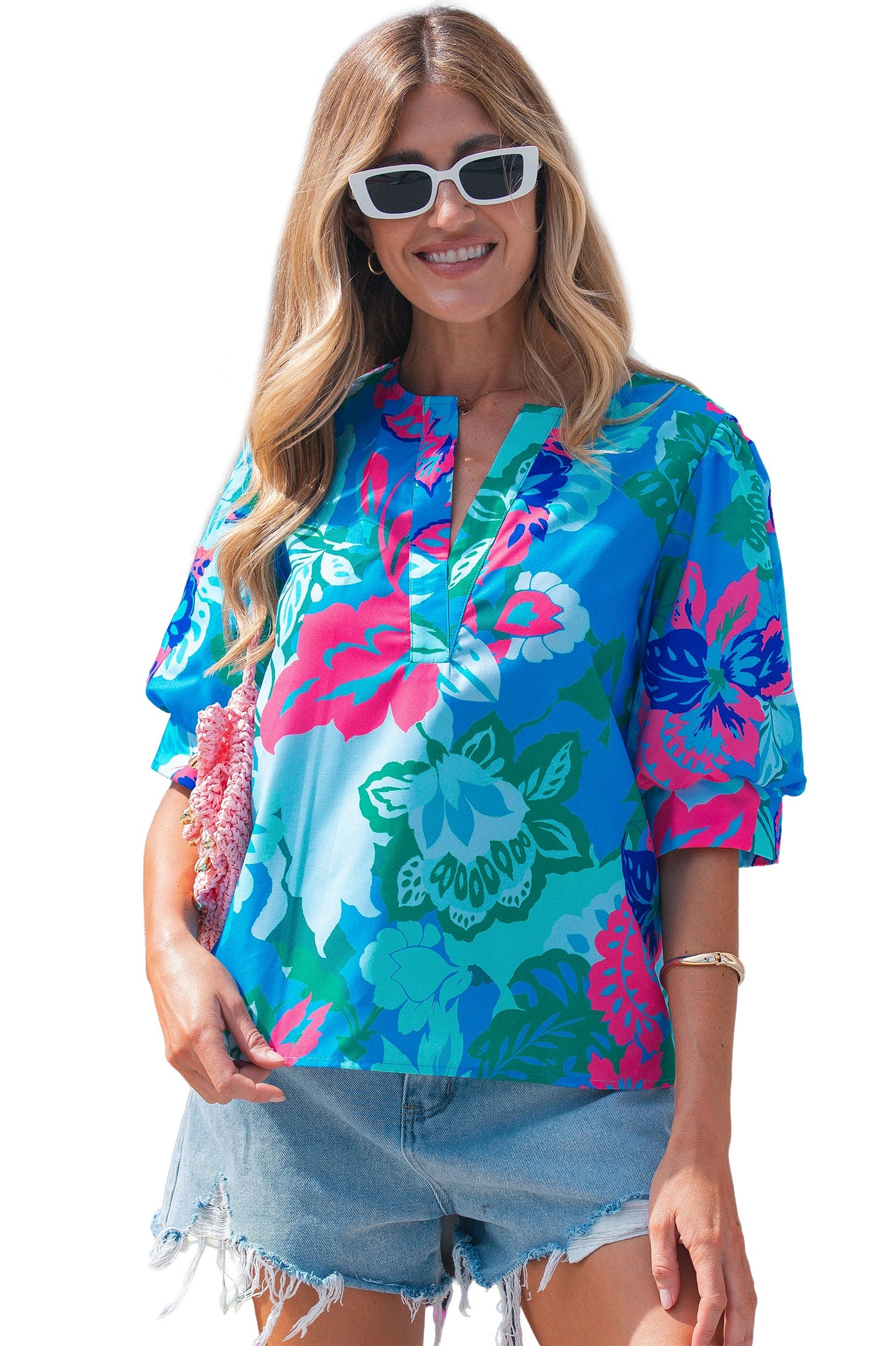 Floral V-Neck Puff Sleeve Blouse