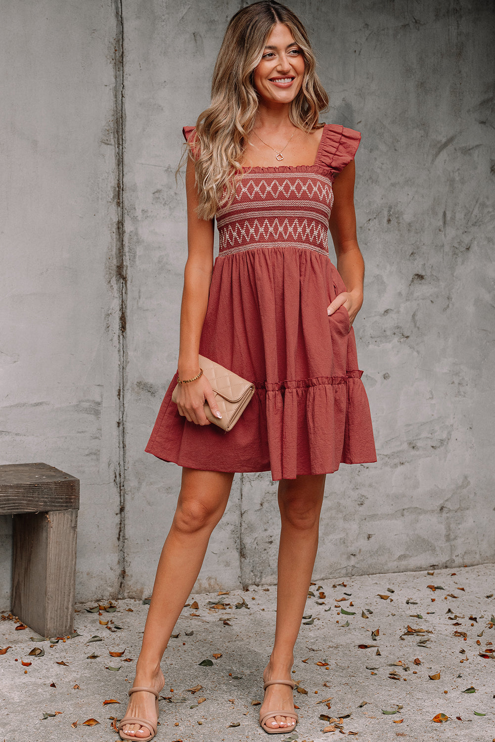 Geometric Embroidered Ruffle Mini Dress