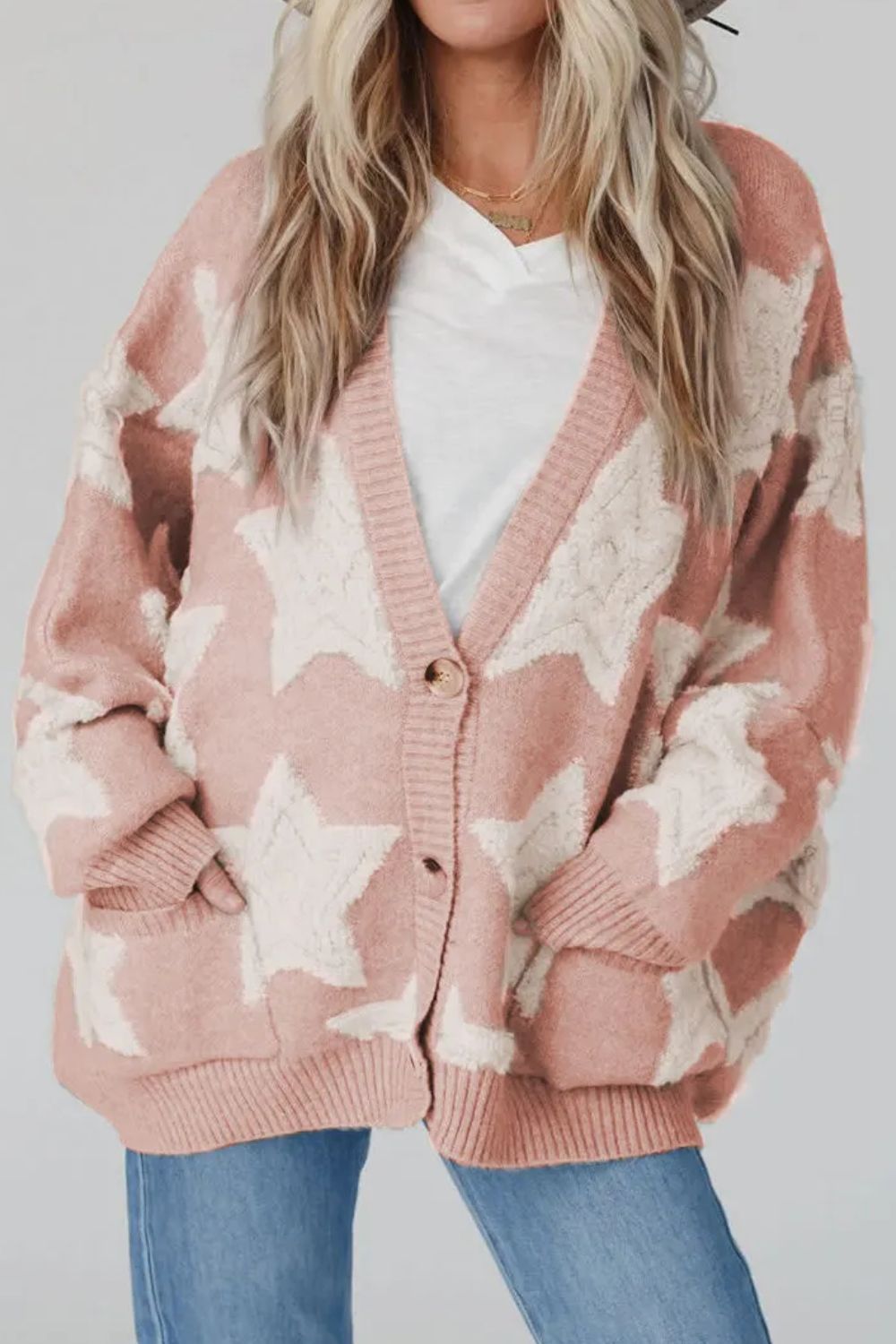 Women Star Button Up Long Sleeve Cardigan