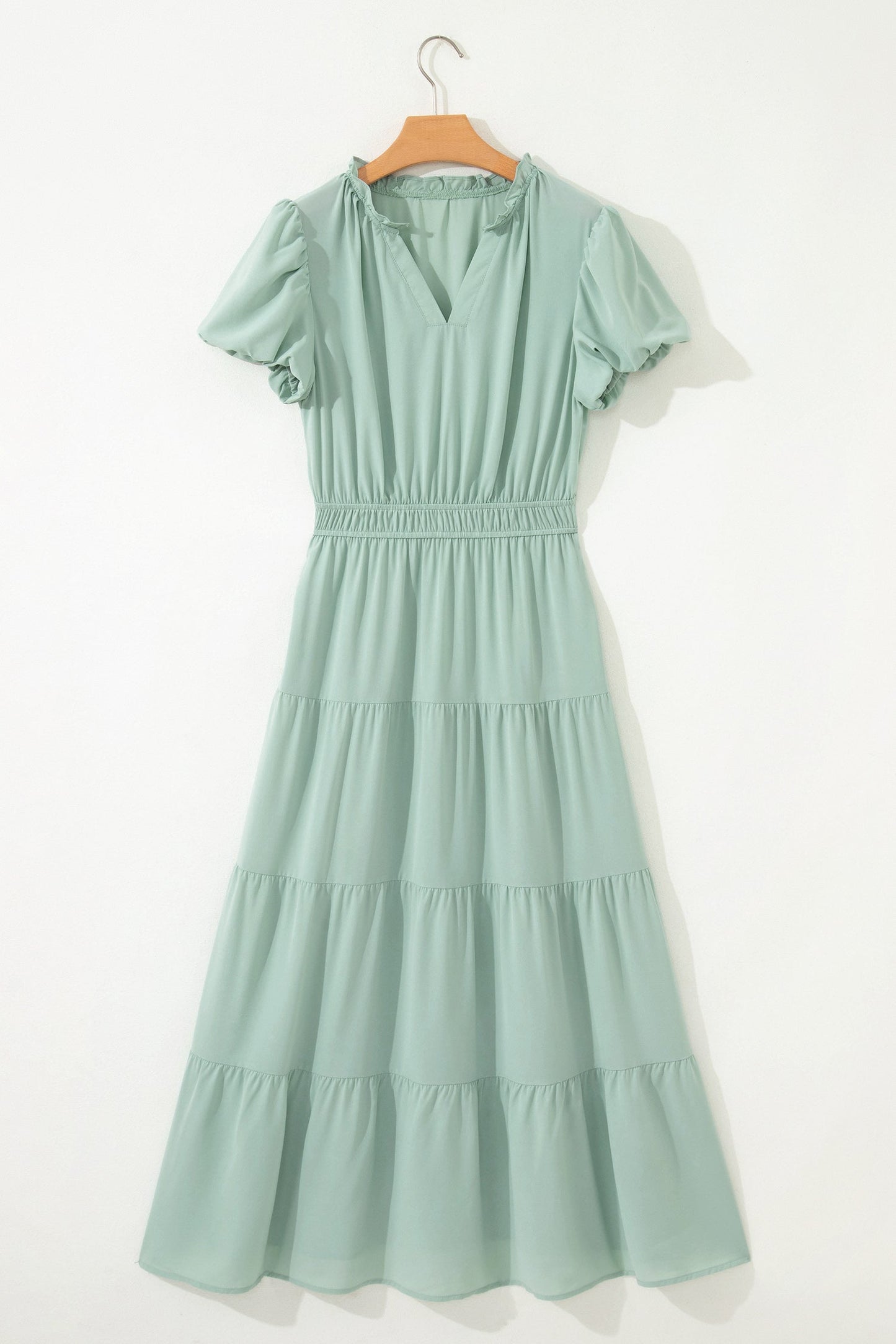 Solid V-Neck Short Puff Sleeve Tiered Maxi Dress