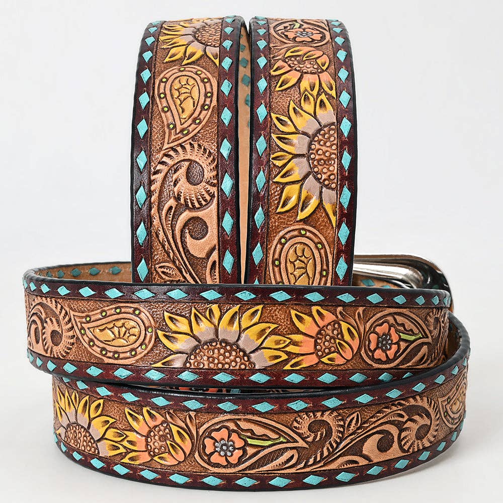 Tooled Leather Western Belt - Sunflower & Paisley Design with Turquoise Diamond Border