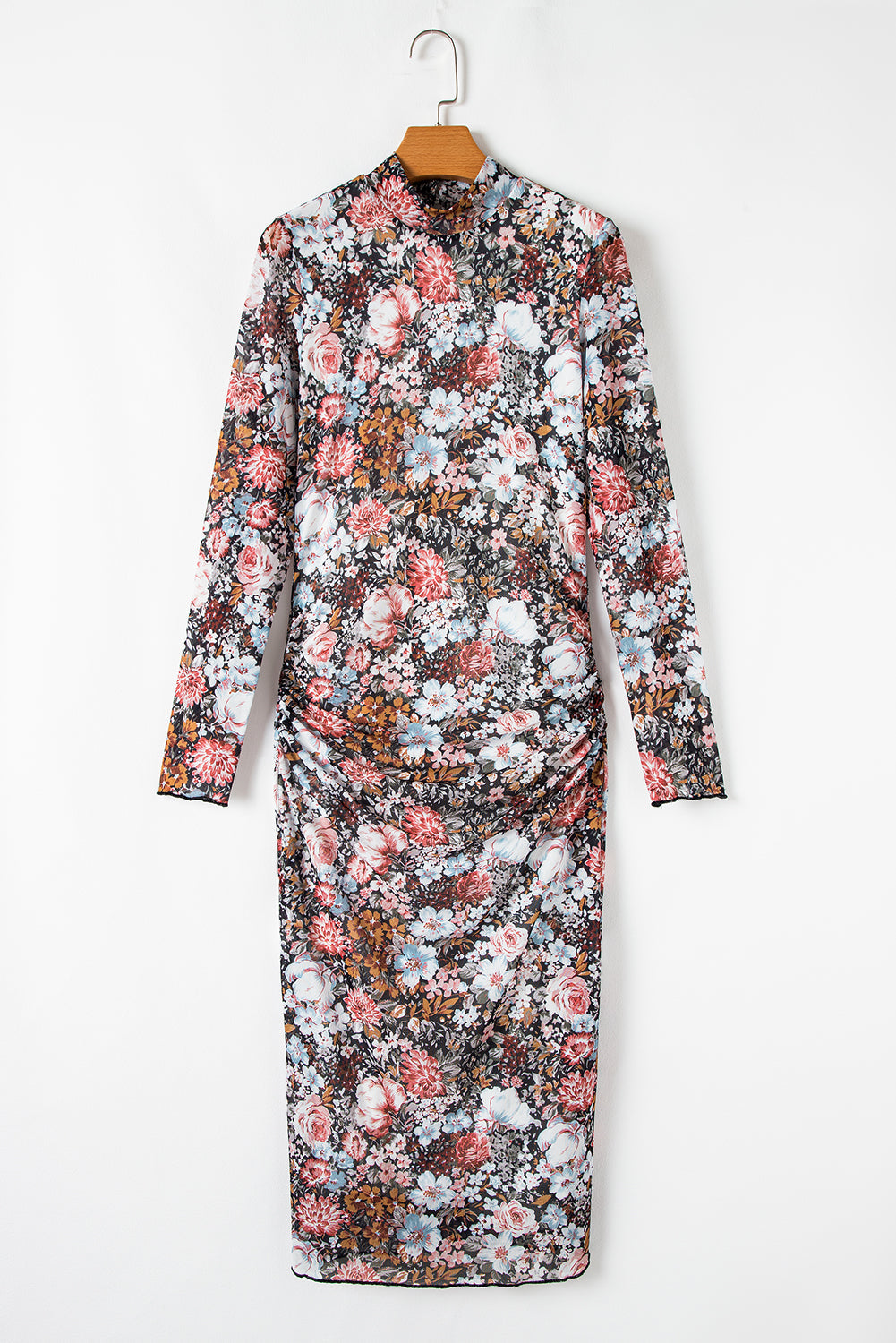 Floral Mock Neck Long Sleeve Bodycon Midi Dress