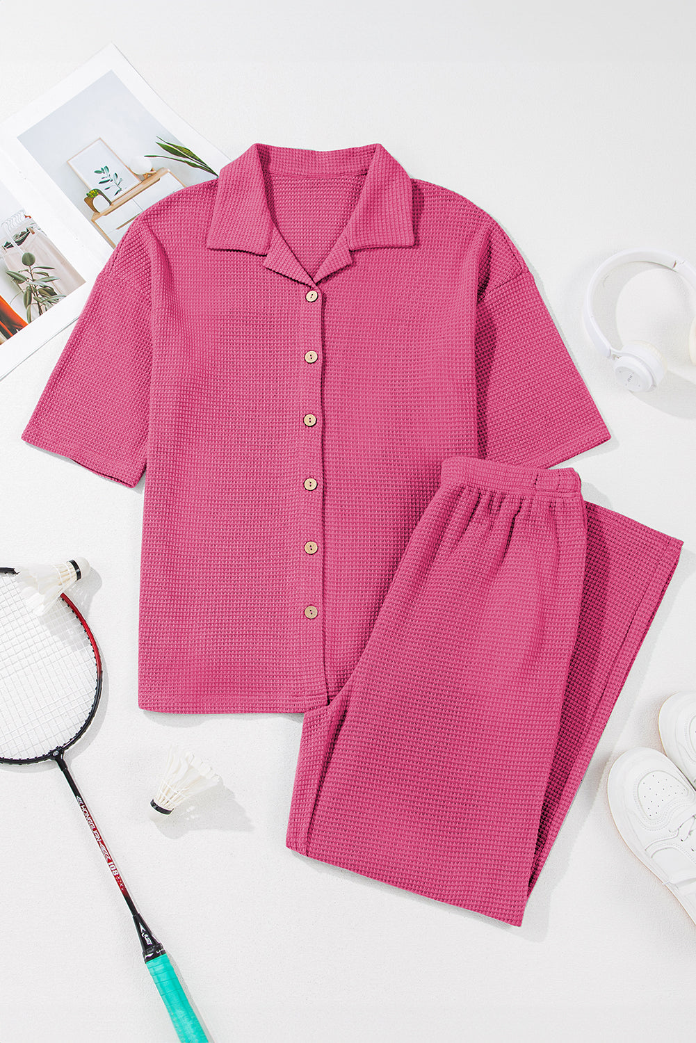 Solid Textured Buttoned Shirt and Pants Set