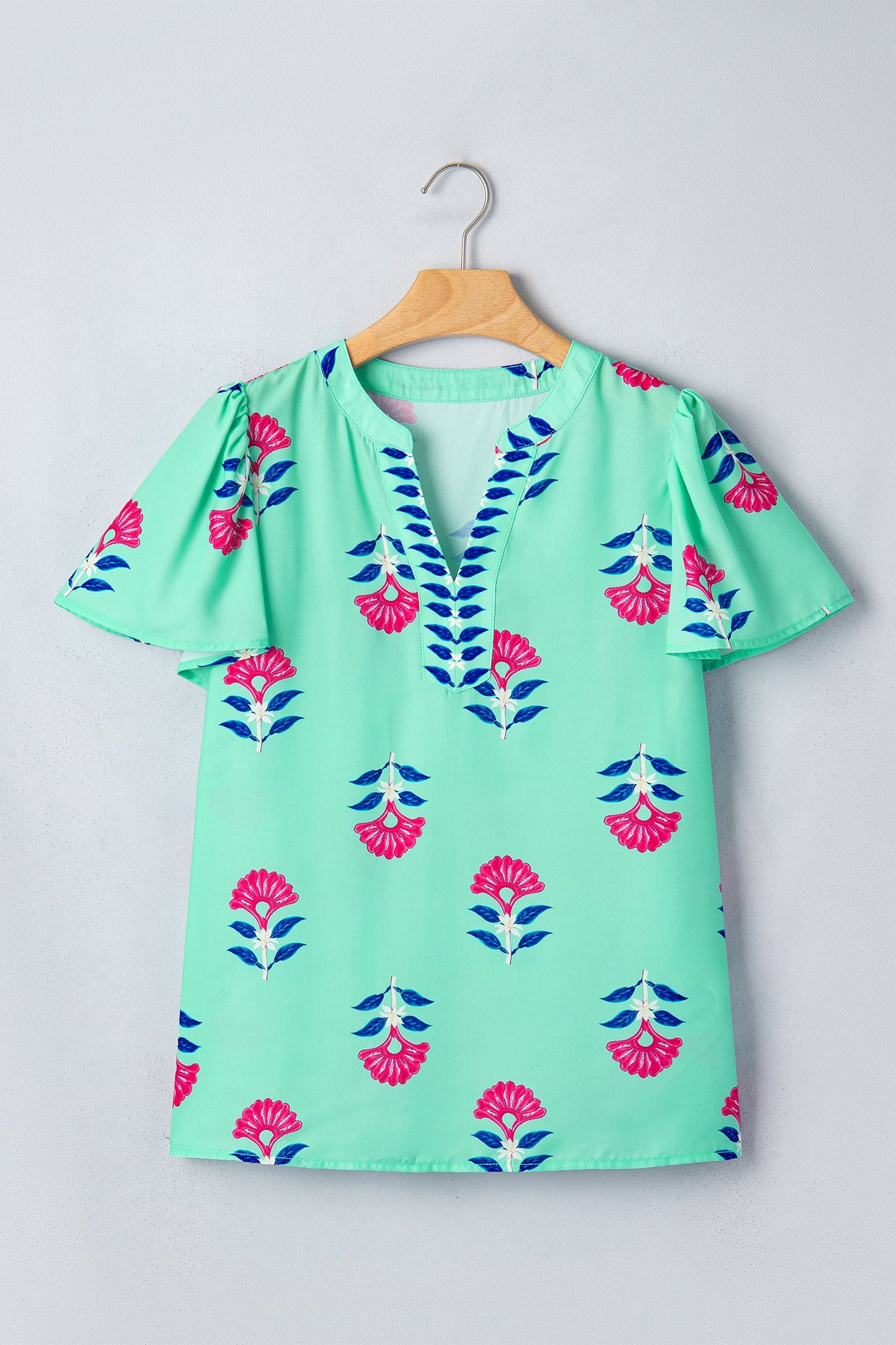 Floral Flutter Short Sleeve V-Neck Blouse