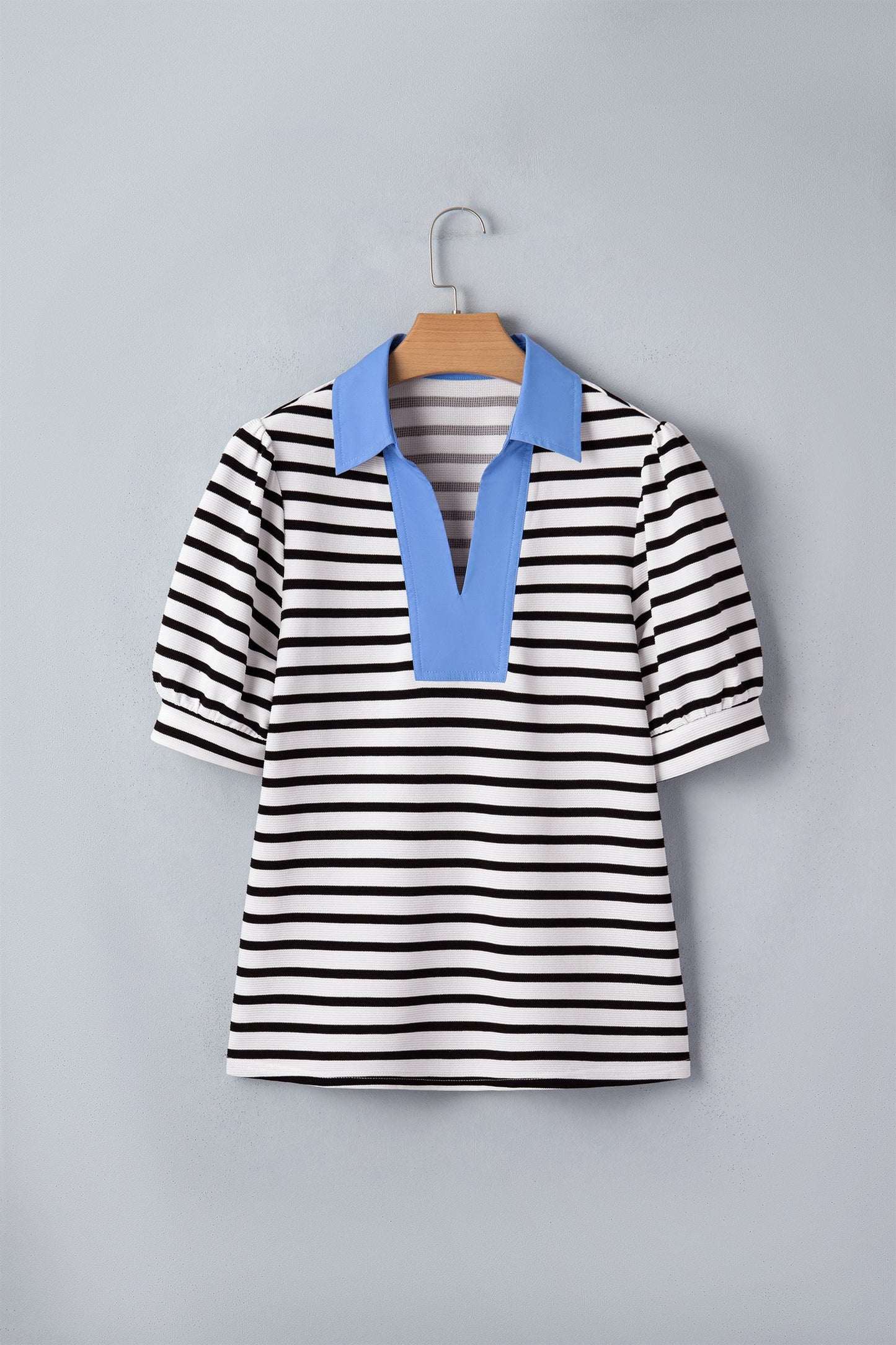 Stripe Colorblock Puff Sleeve Polo Collar Blouse