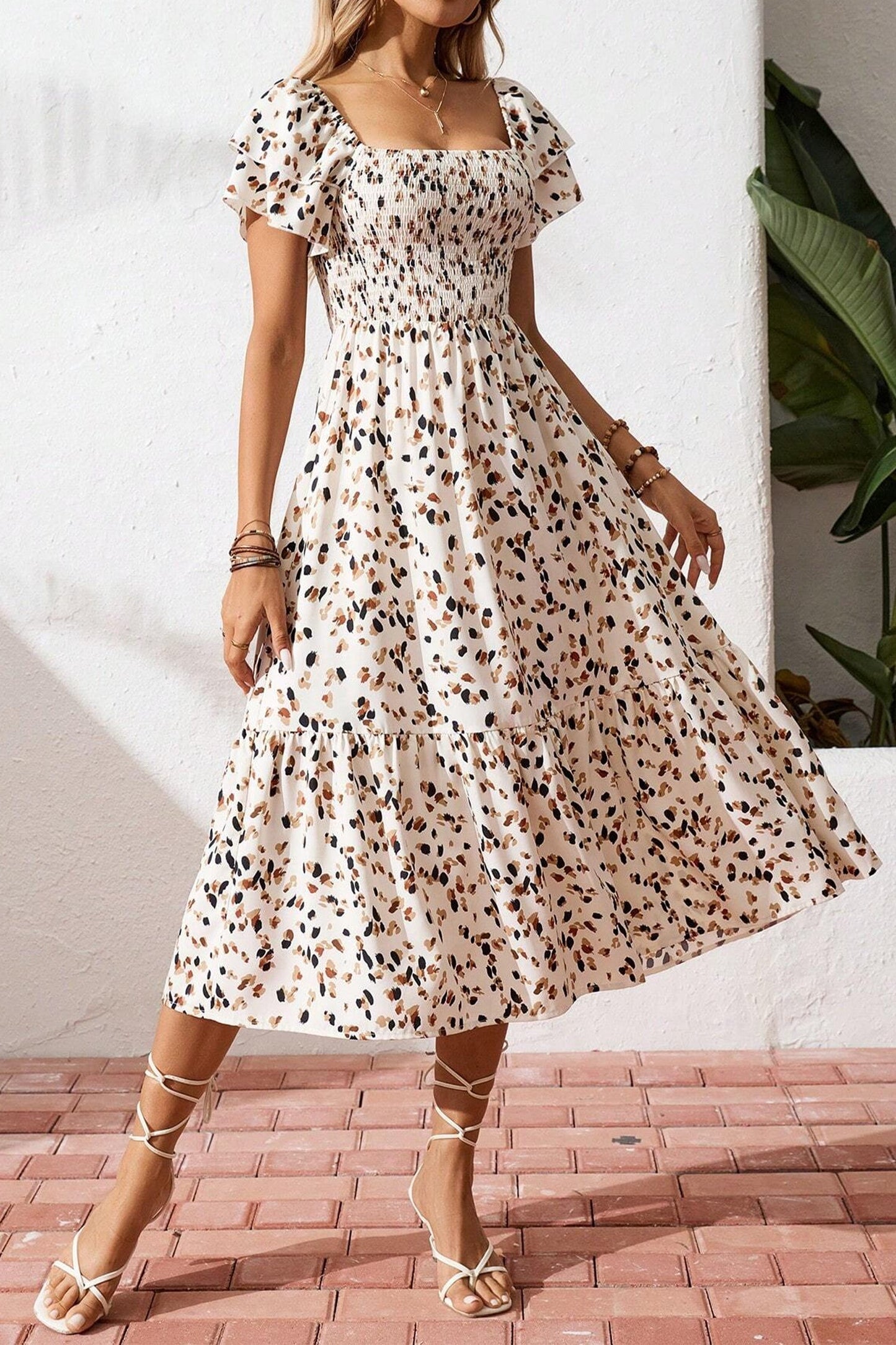 Leopard Smocked Square Neck Ruffle Sleeve Dress