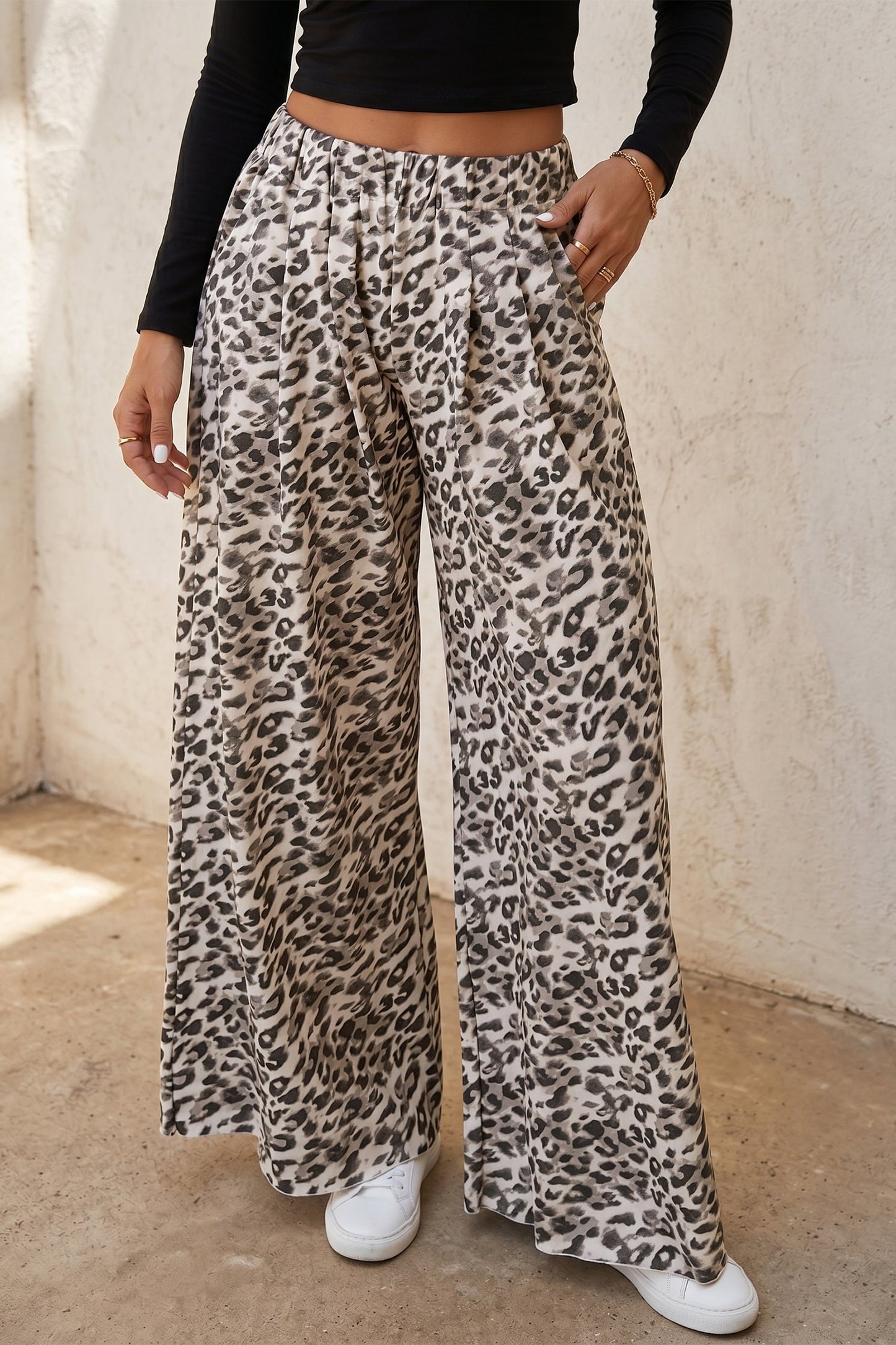 Leopard Elastic Waist Raw Hem Wide Leg Pants