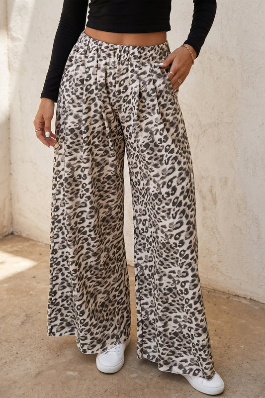 Leopard Elastic Waist Raw Hem Wide Leg Pants