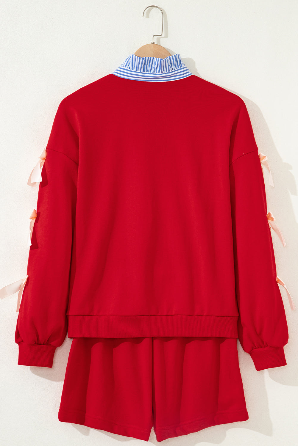 Stripe Collar Patchwork Bow Sweatshirt and Shorts Set