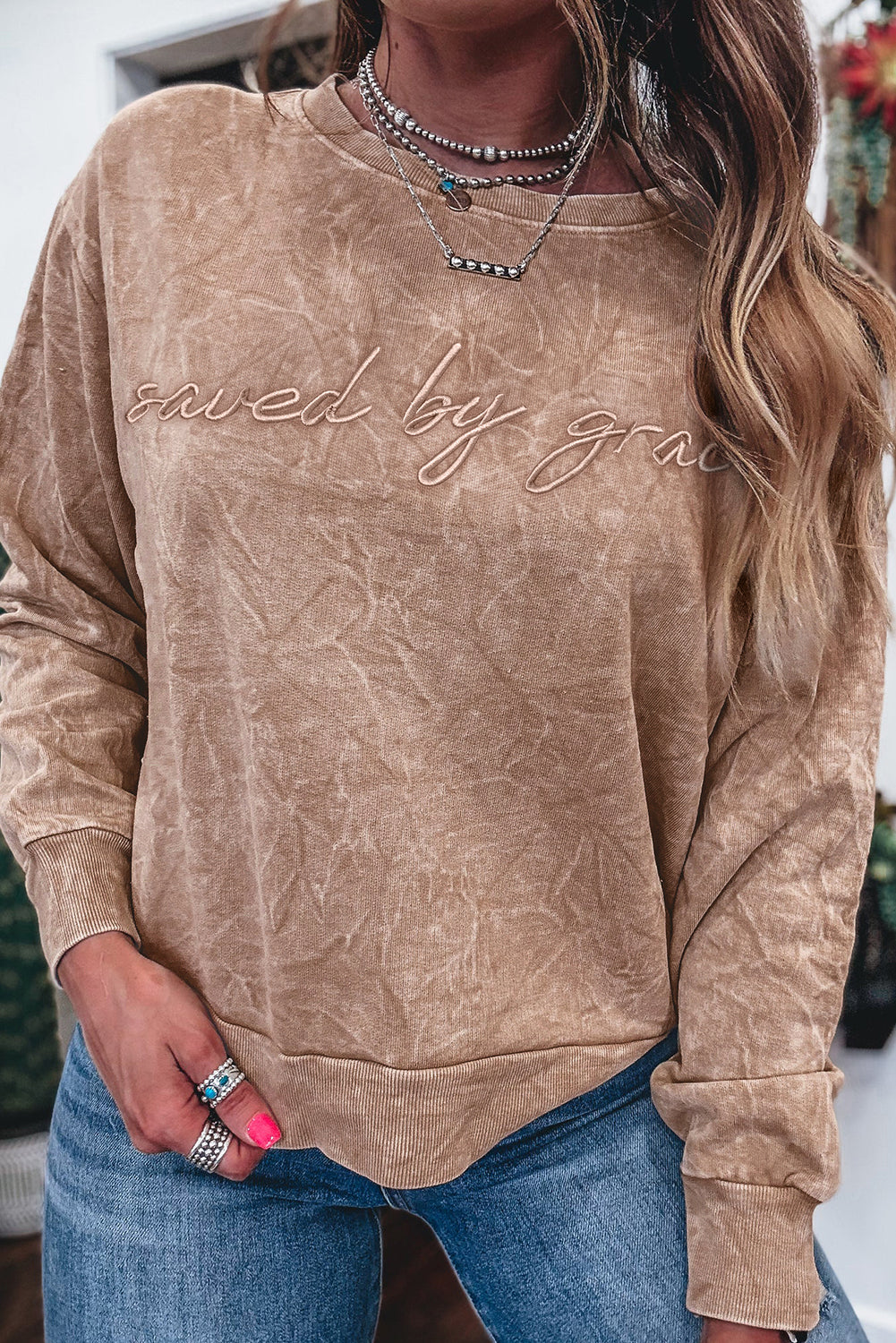 SAVED BY GRACE Embroidered Mineral Wash Sweatshirt