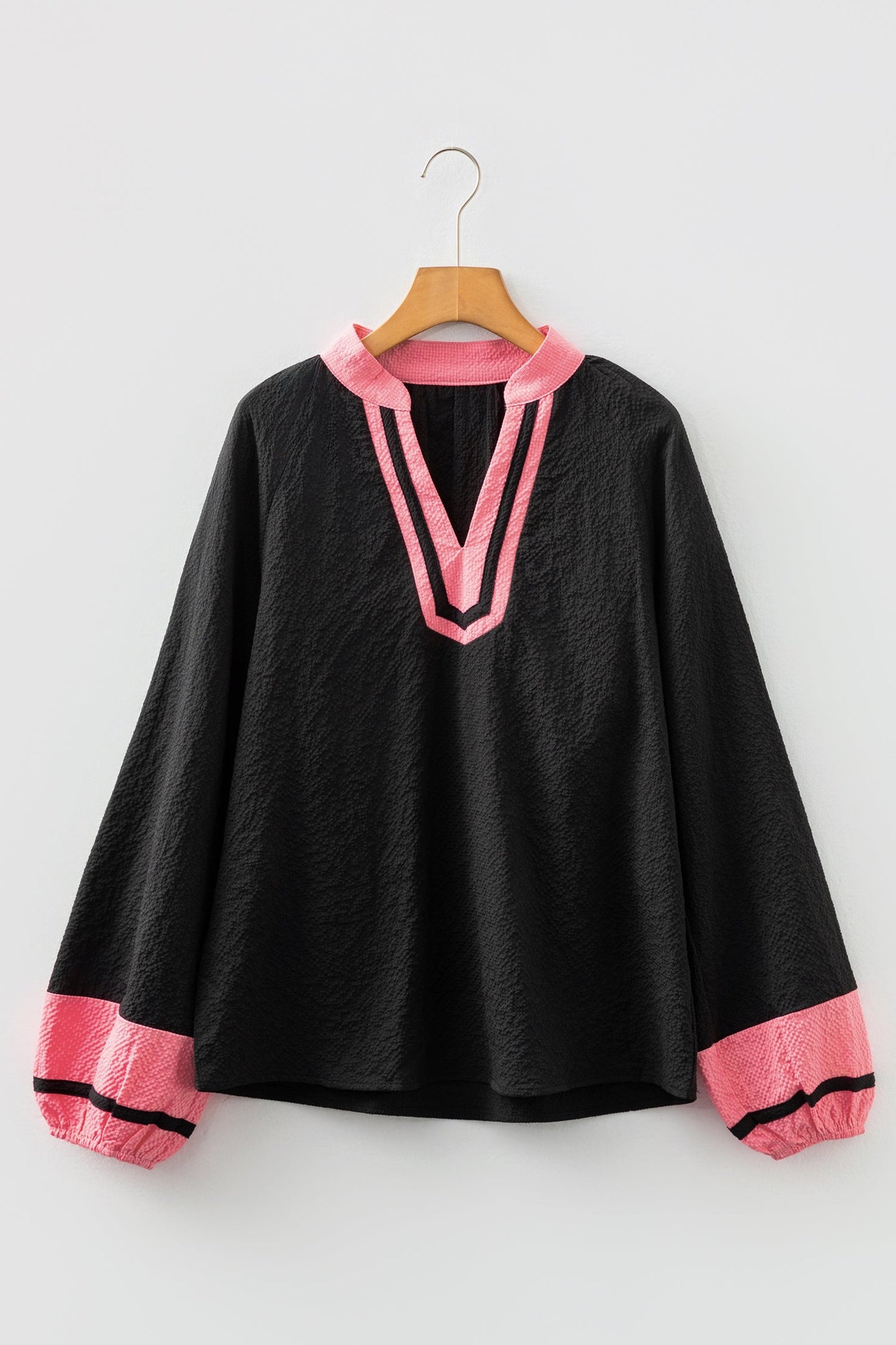 Colorblock Patchwork V-Neck Textured Blouse