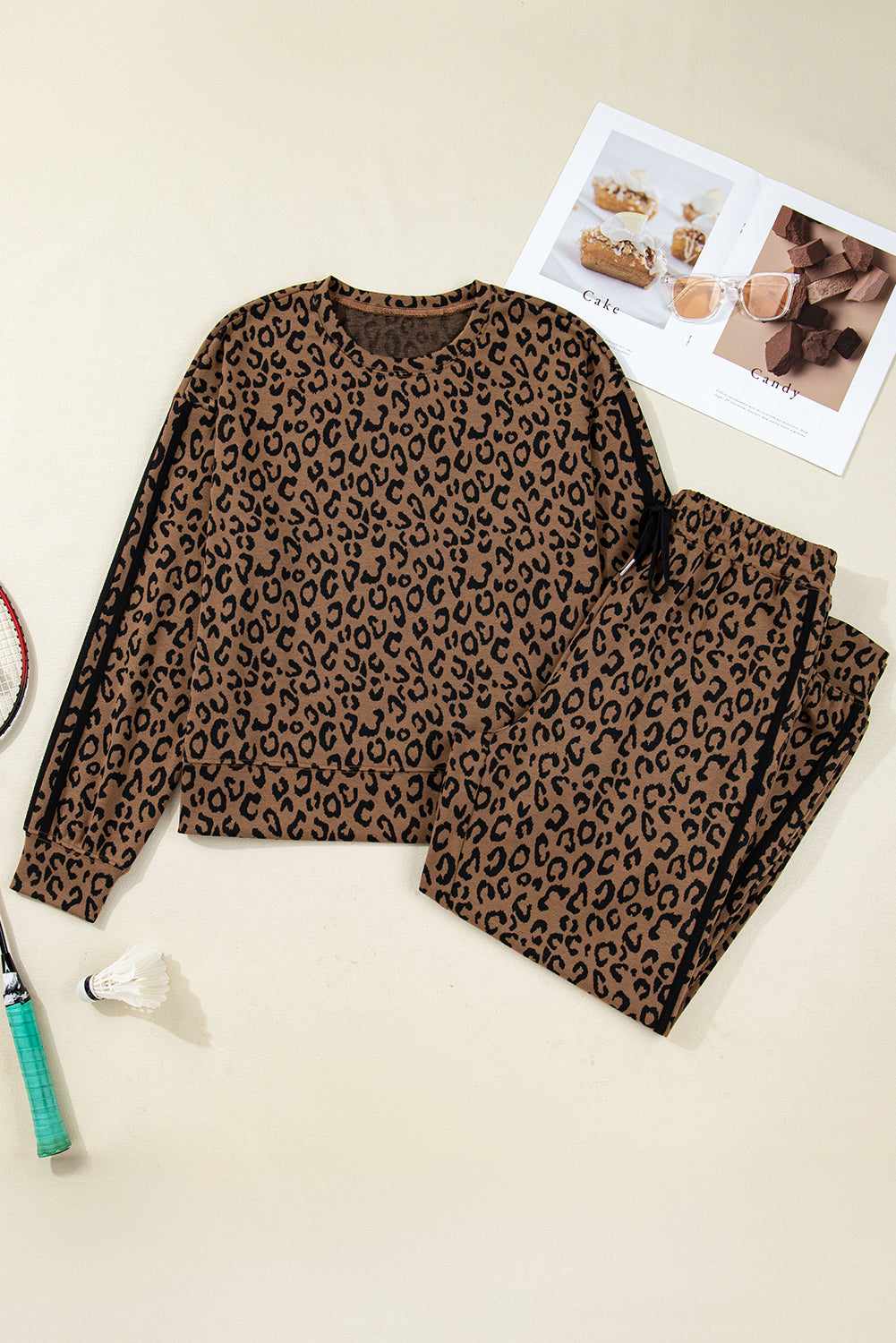 Leopard Varsity Stripe Trim Top & Drawstring Pants Set