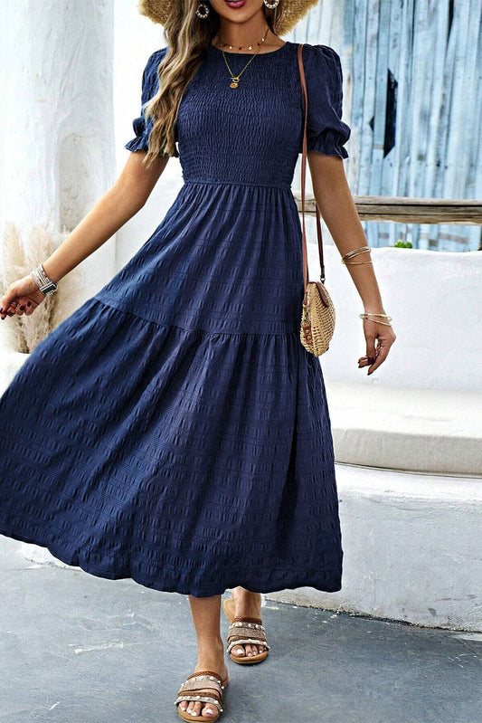 Smocked Short Sleeve Midi Dress