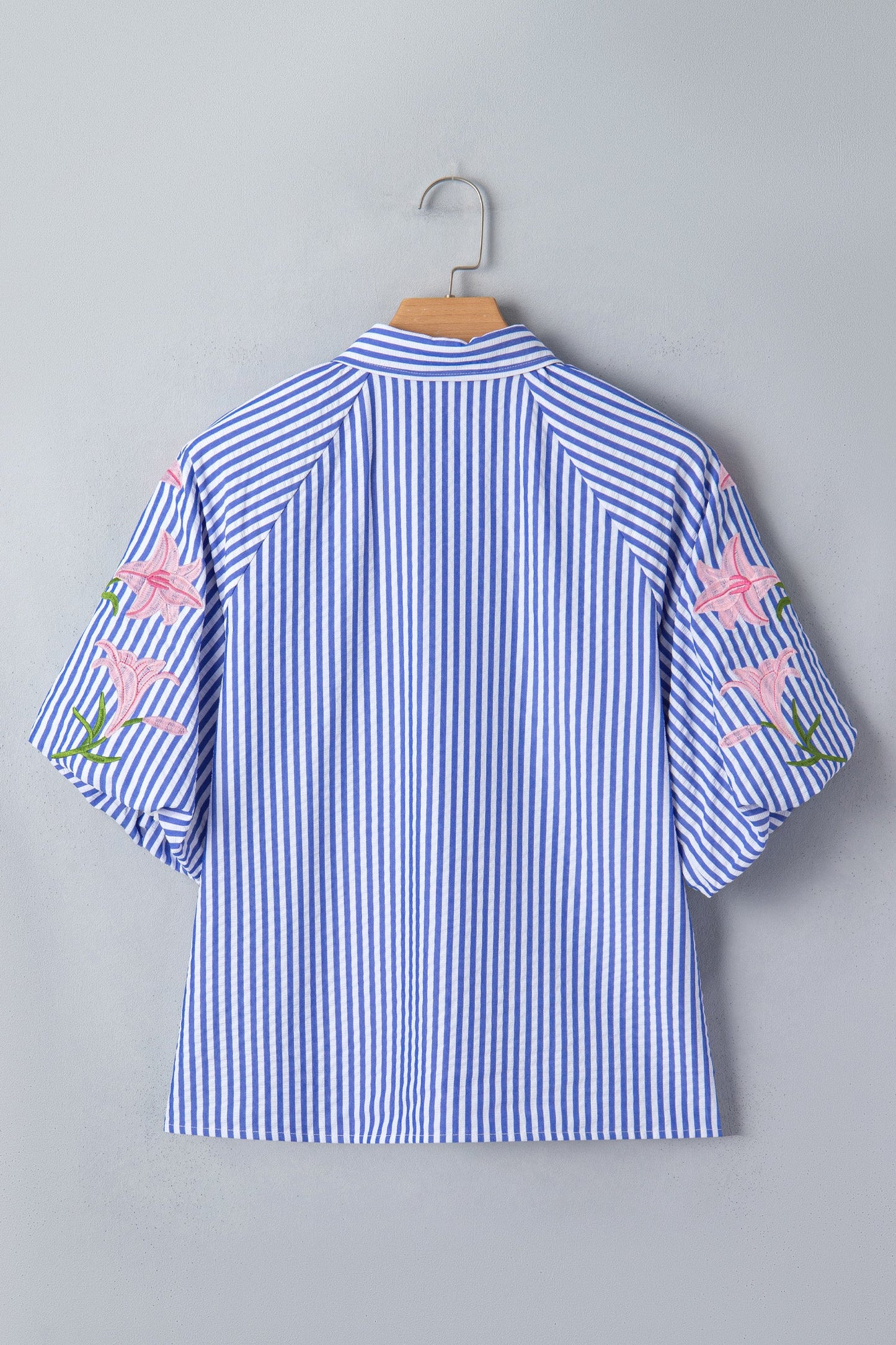 Stripe Floral Lily Embroidered Puff Sleeve Shirt