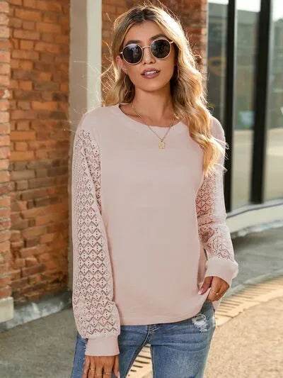 Full Size Round Neck Lace Long Sleeve T-Shirt Plus Size