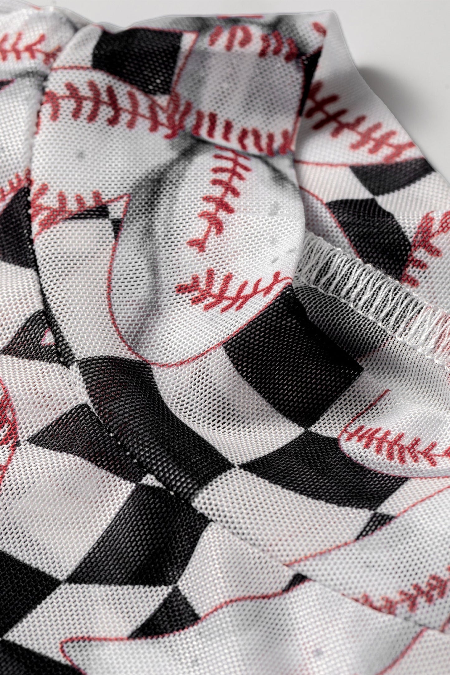 Checker Baseball Bow High Neck Long Sleeve Mesh Top