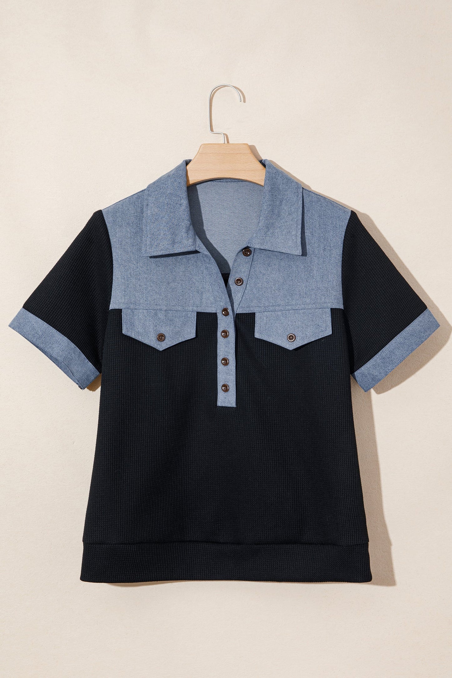 Colorblock Denim Waffle Knit Patchwork Polo Top