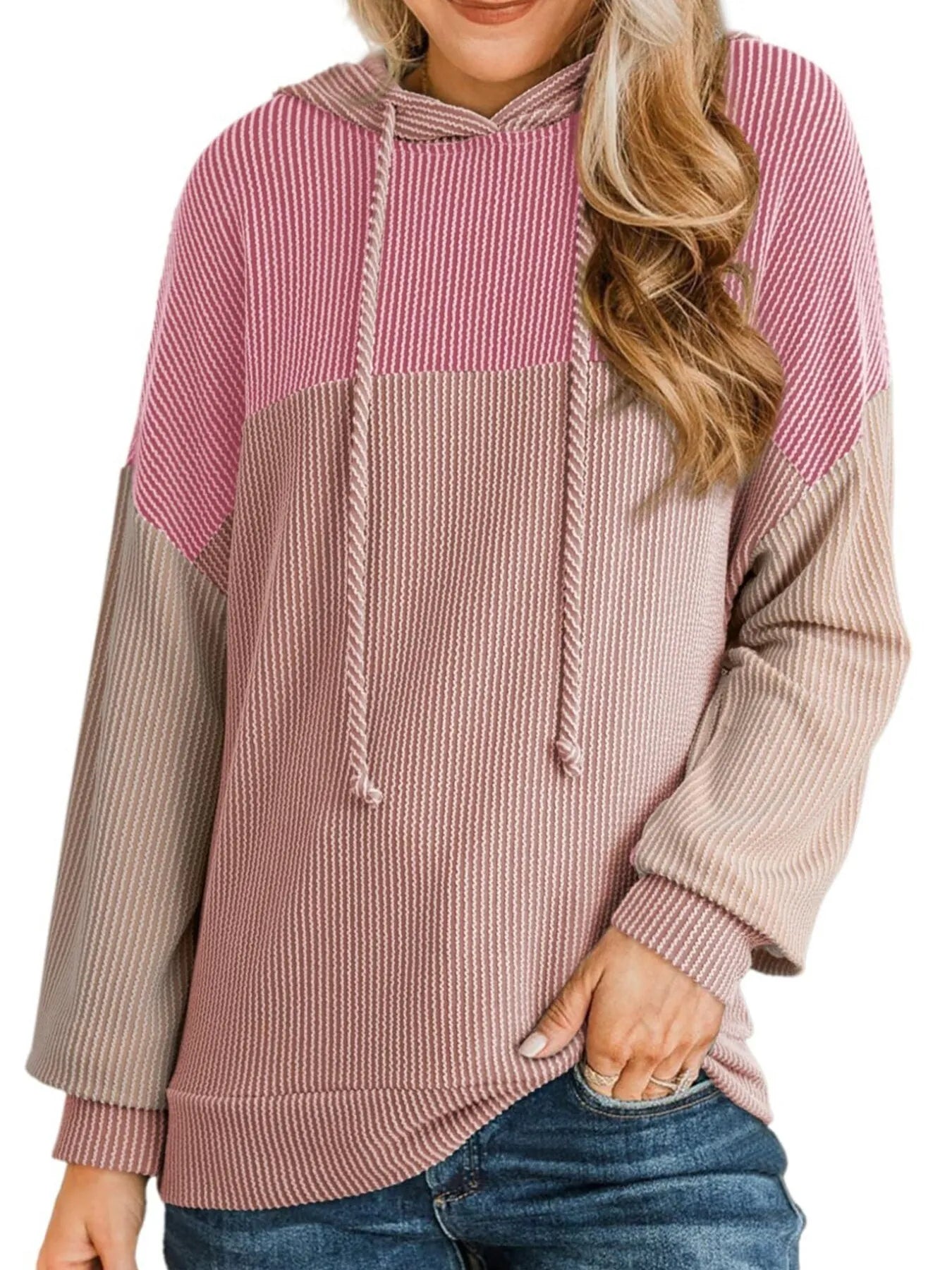 Women Drawstring Color Block Long Sleeve Hoodie