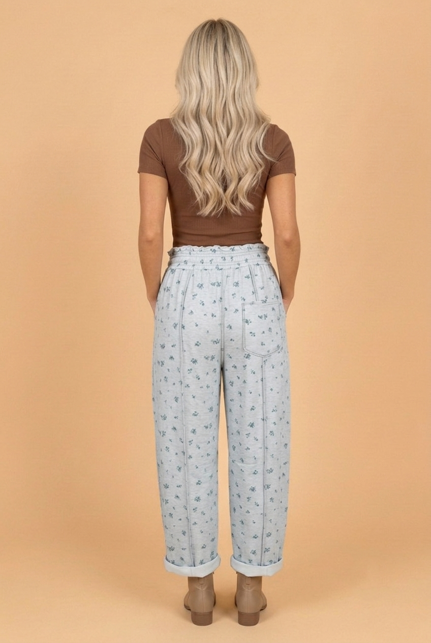 Floral Drawstring High Waist Seamed Barrel Pants