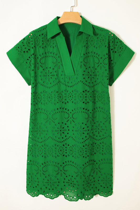 Solid Embroidered Eyelet Collared V-Neck Mini Dress