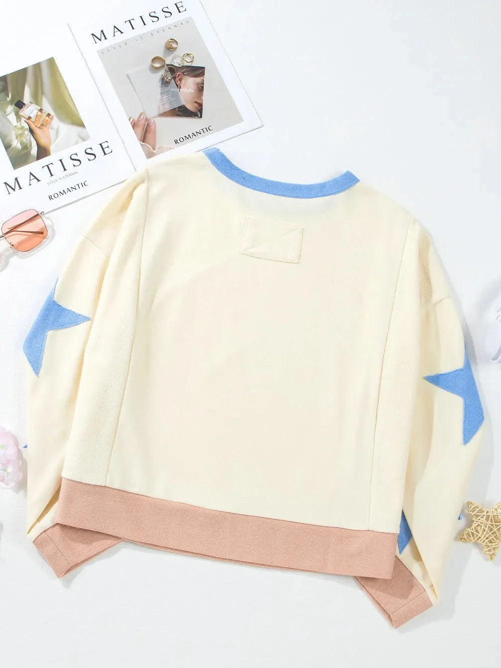 Women Star Contrast Round Neck Long Sleeve Sweatshirt