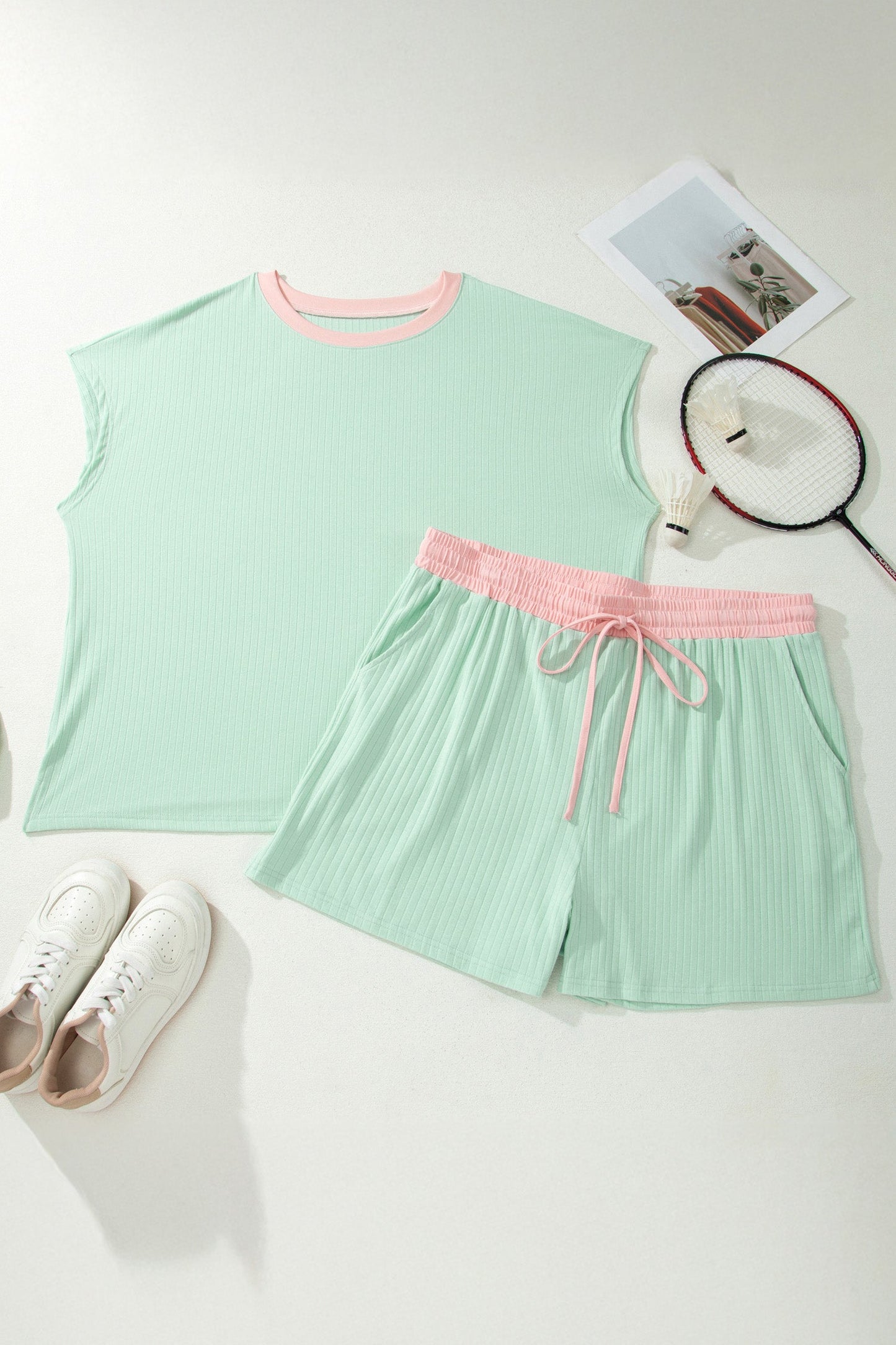 Plus Size Colorblock Ribbed Top & Drawstring Shorts Set