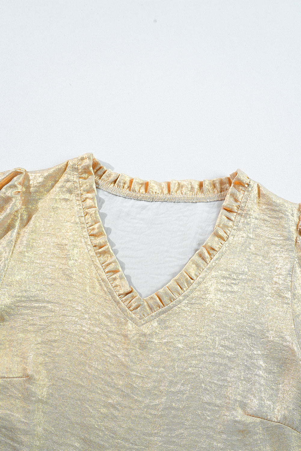 Solid Metallic V-Neck Puff Sleeve Babydoll Blouse