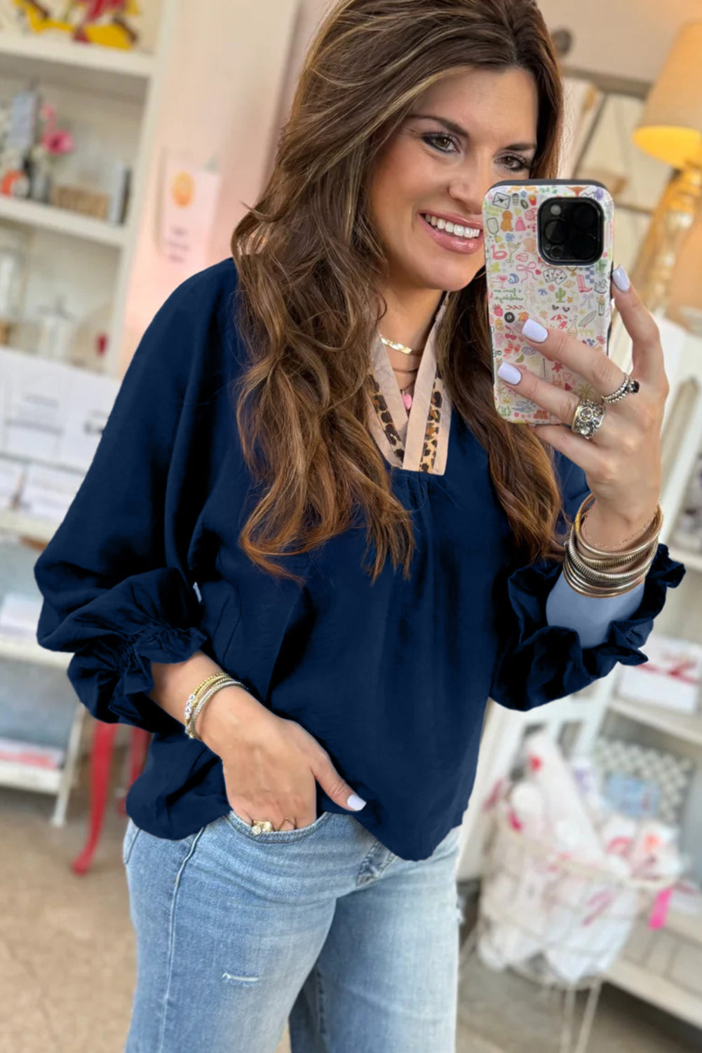 Leopard Trim Flounced  3/4 Sleeve V-Neck Blouse