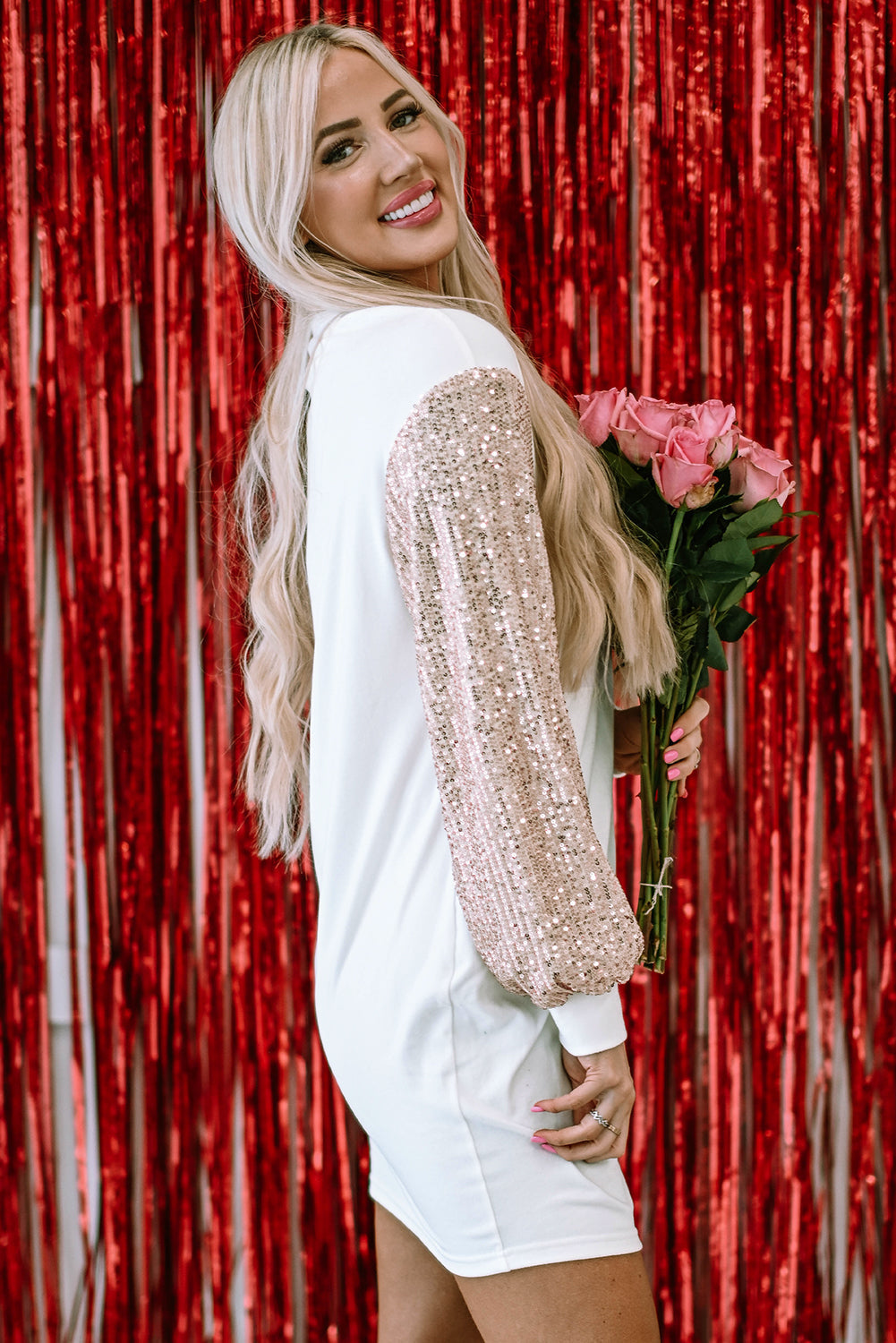 Solid Sequin Patchwork Puff Sleeve Mini Dress
