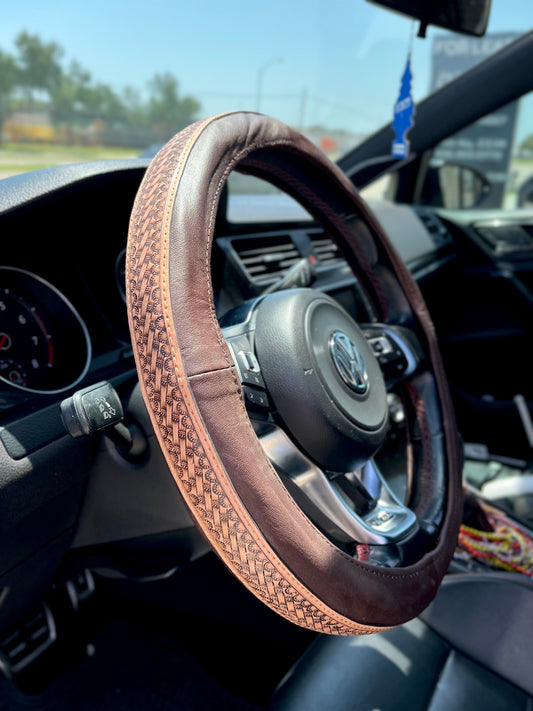 15” Basketweave tooled leather steering wheel cover