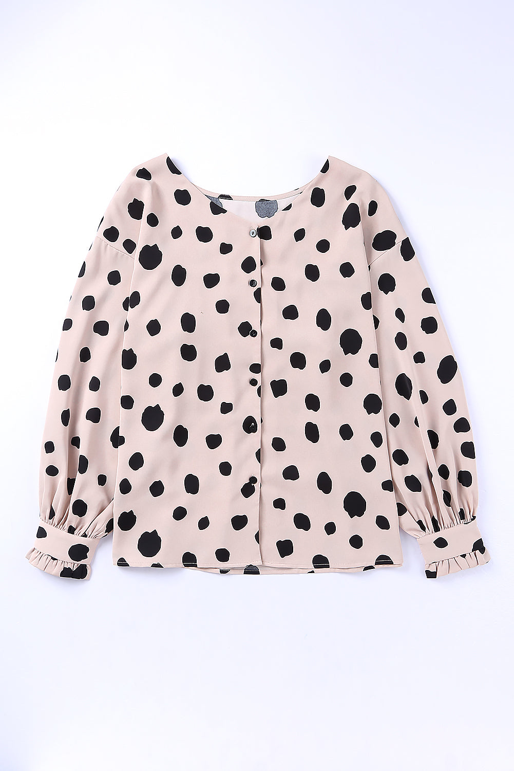 Dotted Buttoned V-Neck Frilled Puff Sleeve Blouse