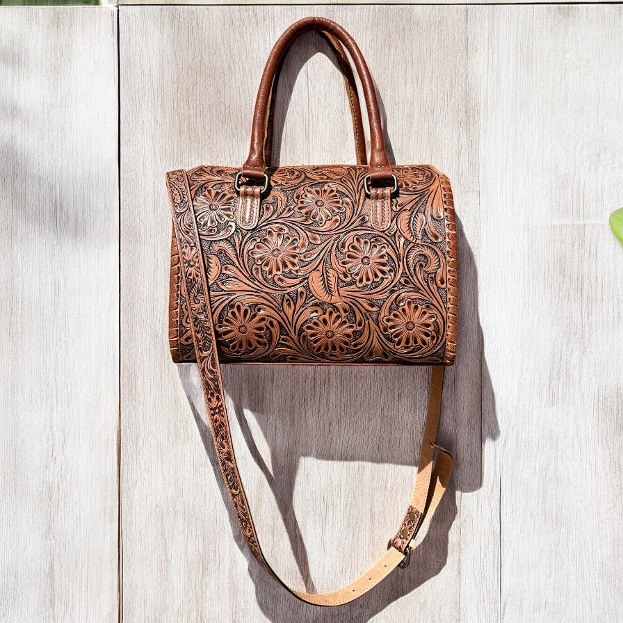 Tan floral tooled leather speedy duffle bag
