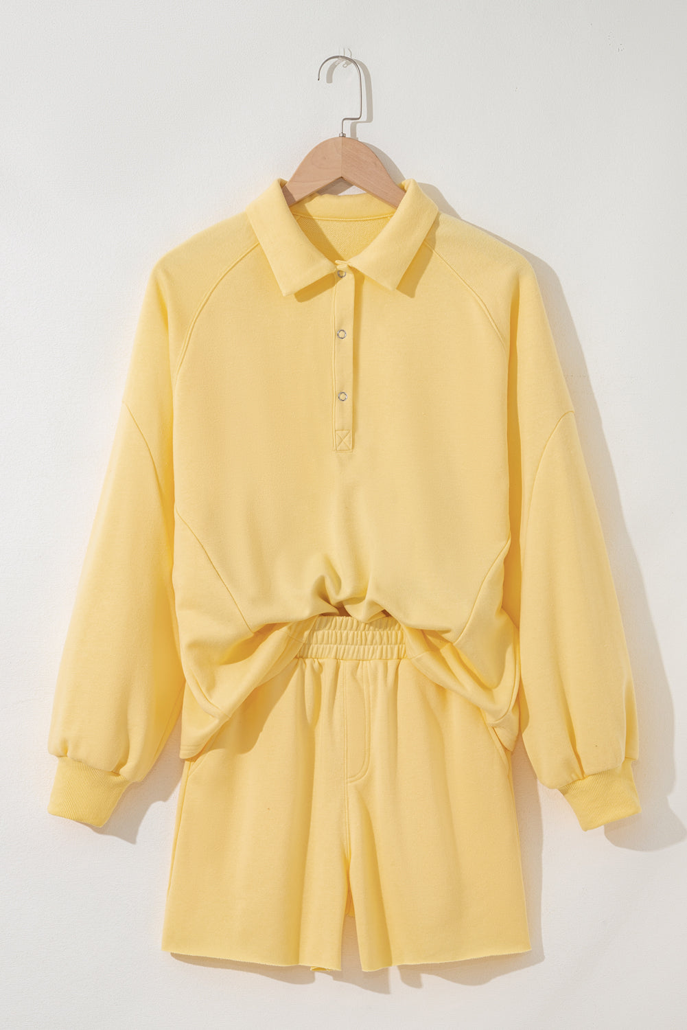Solid Buttoned Collar Pullover & Shorts Set