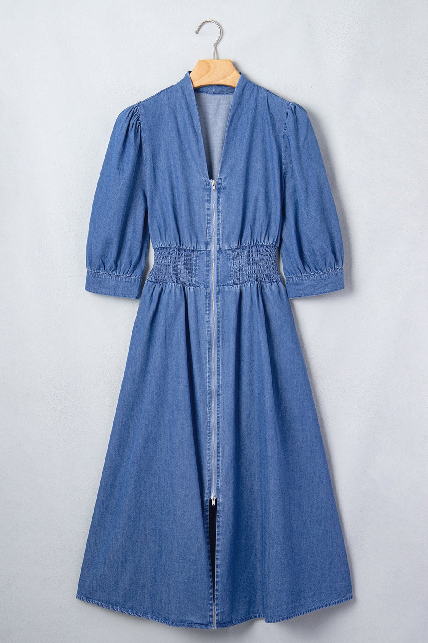 Denim Shirred Waist Zip-Up V-Neck Midi Dress