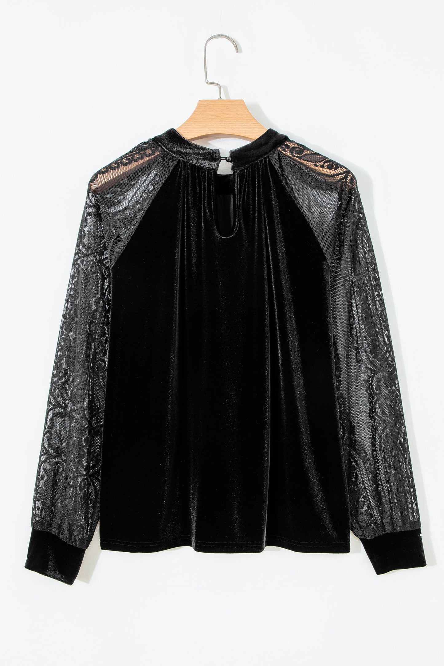 Solid Velvet Patchwork Sheer Lace Long Sleeve Blouse