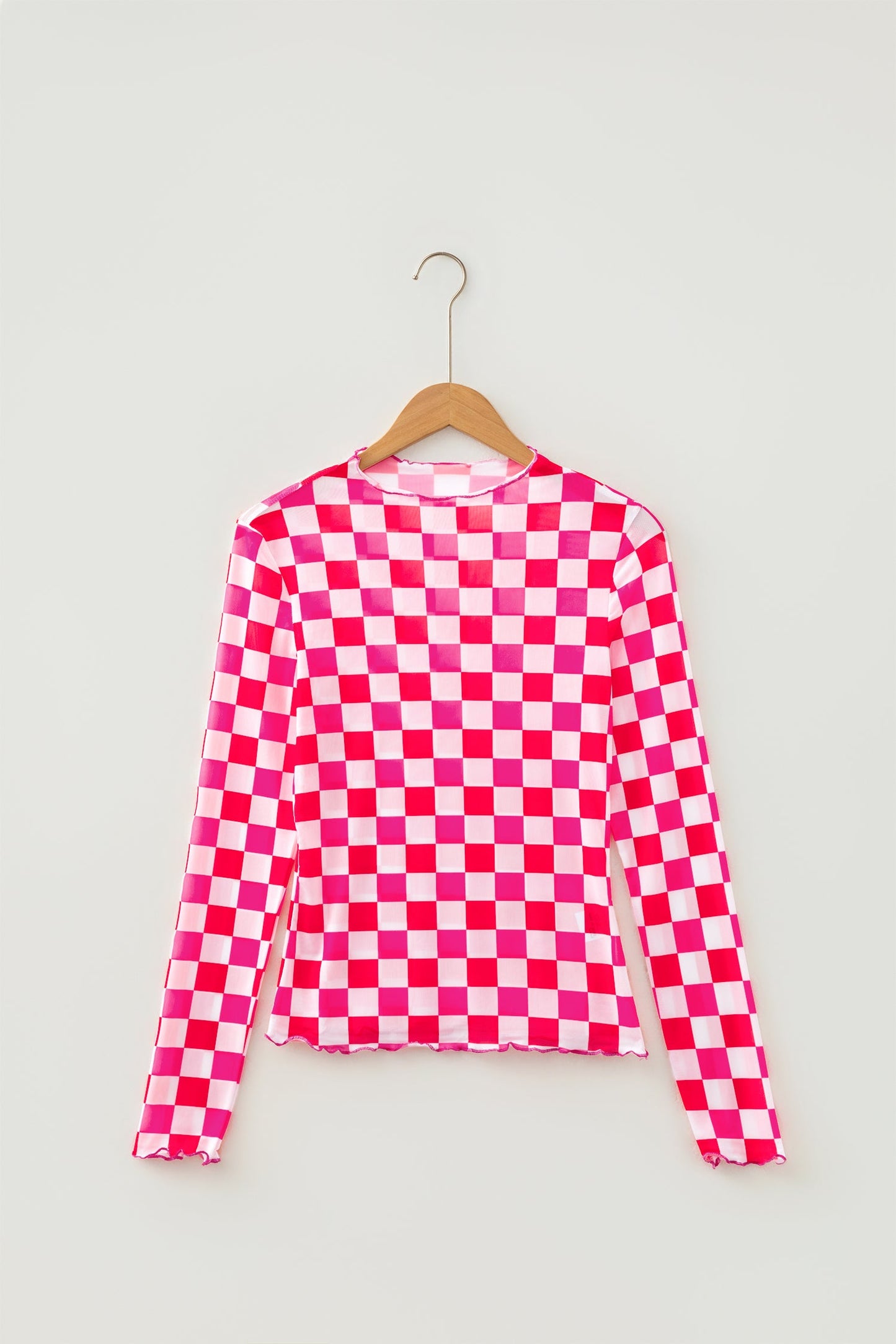 Checker Sheer Mesh Long Sleeve Blouse