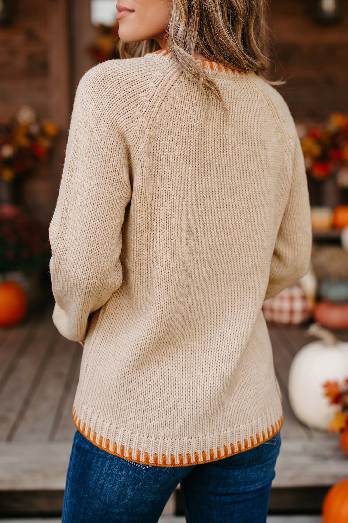 Pumpkin Floral Embroidered Round Neck Sweater