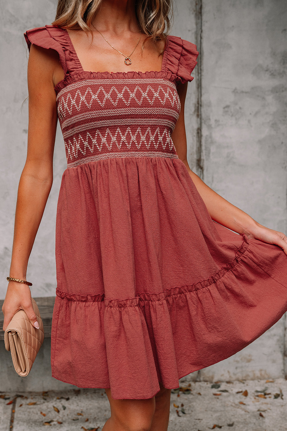 Geometric Embroidered Ruffle Mini Dress