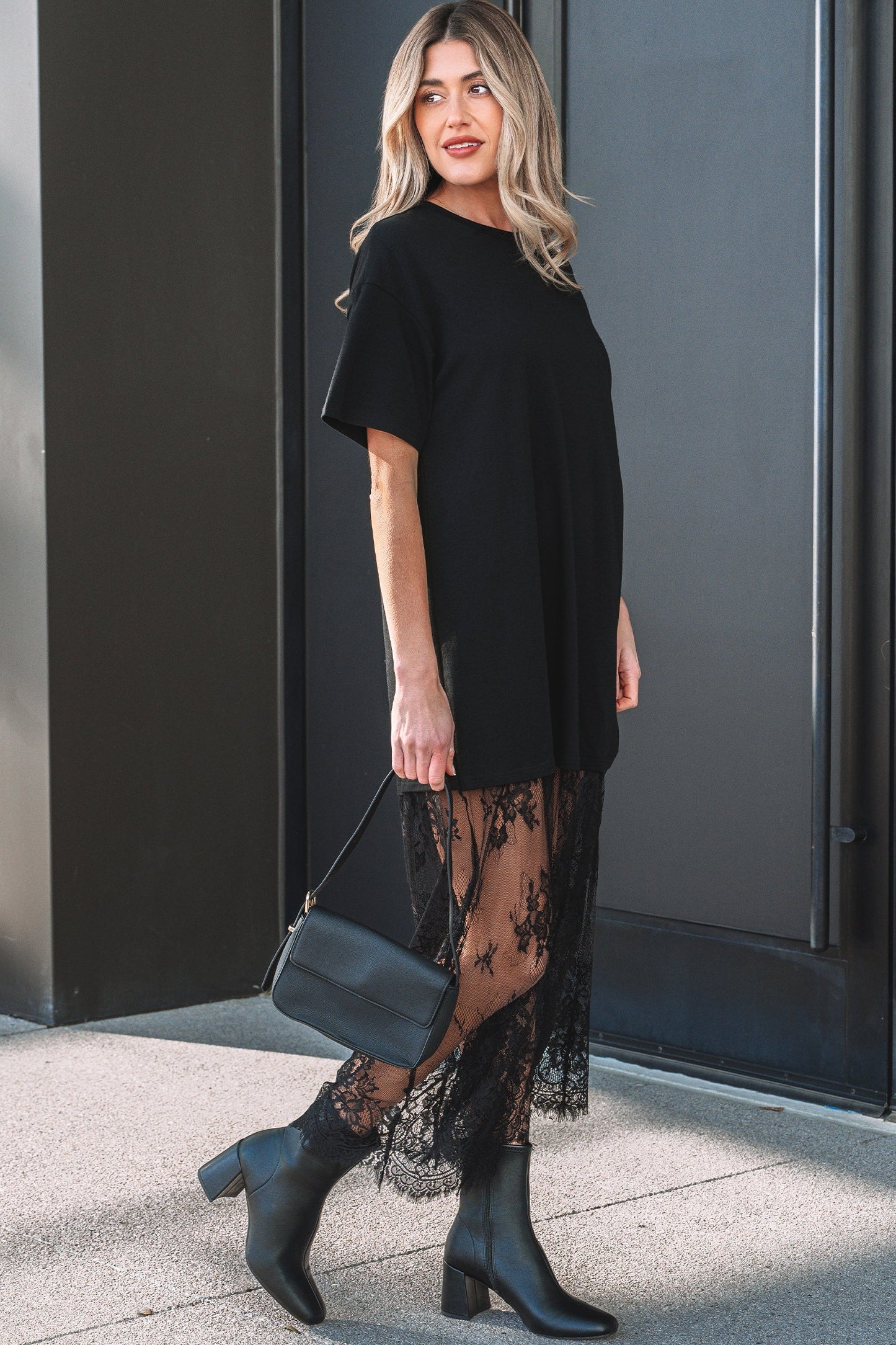 Solid Lace Patchwork Short Sleeve Maxi Dress