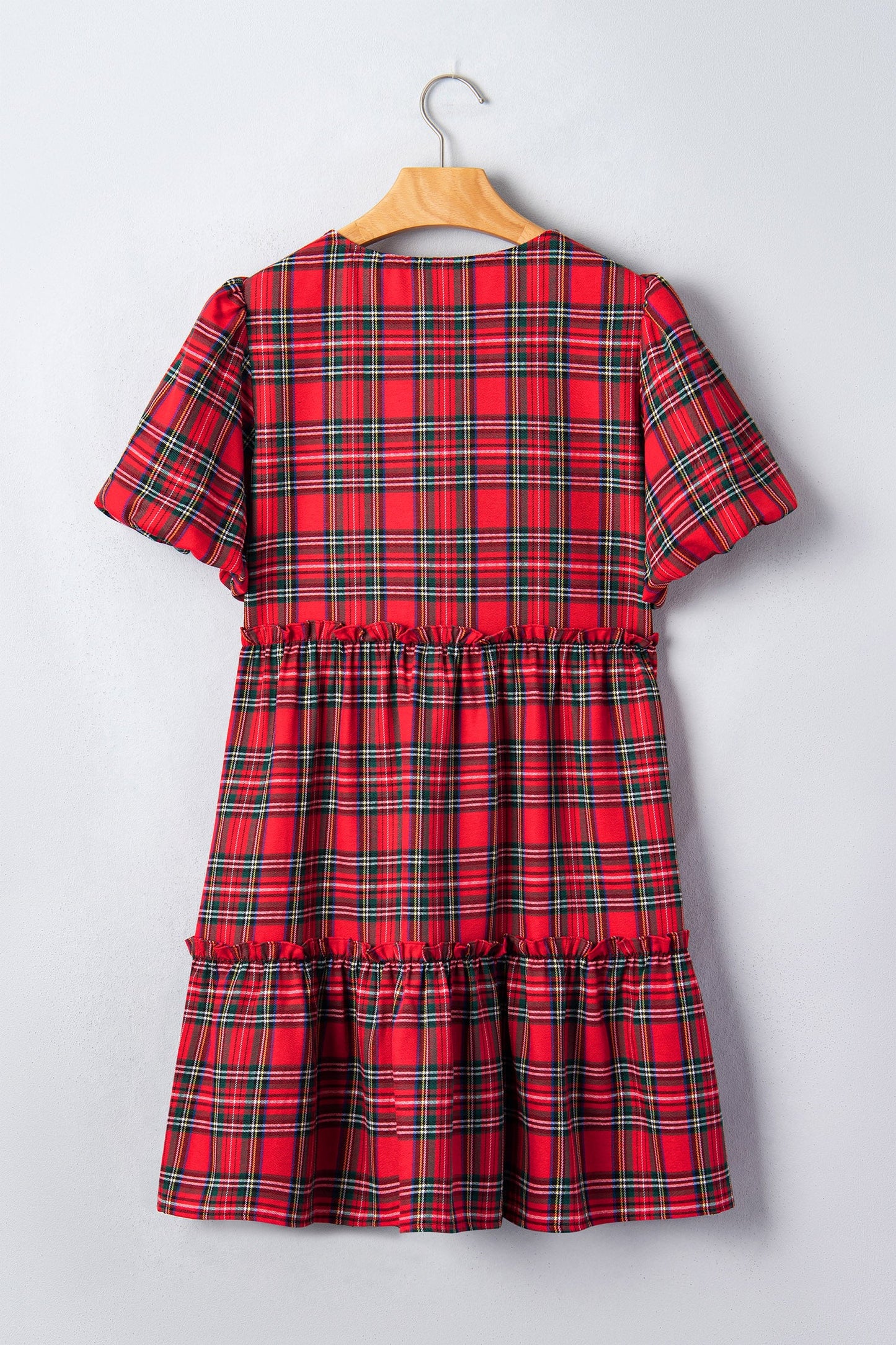 Plaid Bow Tie Neck Short Sleeve Ruffle Mini Dress