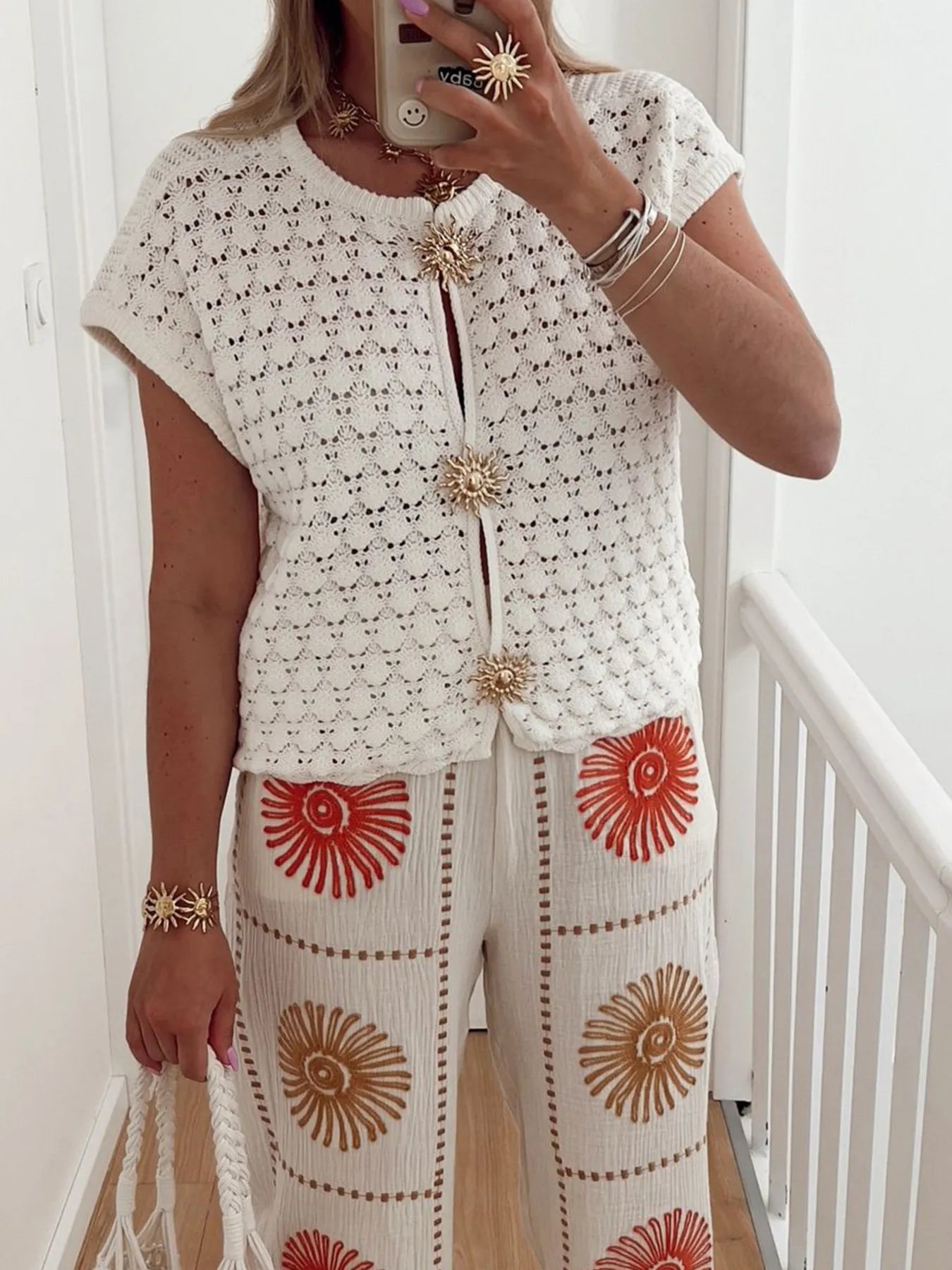 Crochet Short Sleeve Button Front Cardigan